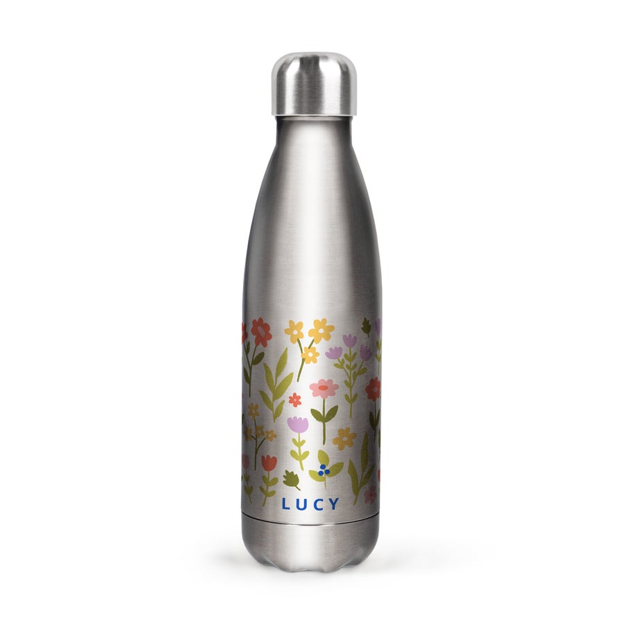 Sticla de apa personalizata Sticlă de apă personalizată cu nume și fotografie, din oțel, cu imprimeu floral multicolor și numele LUCY