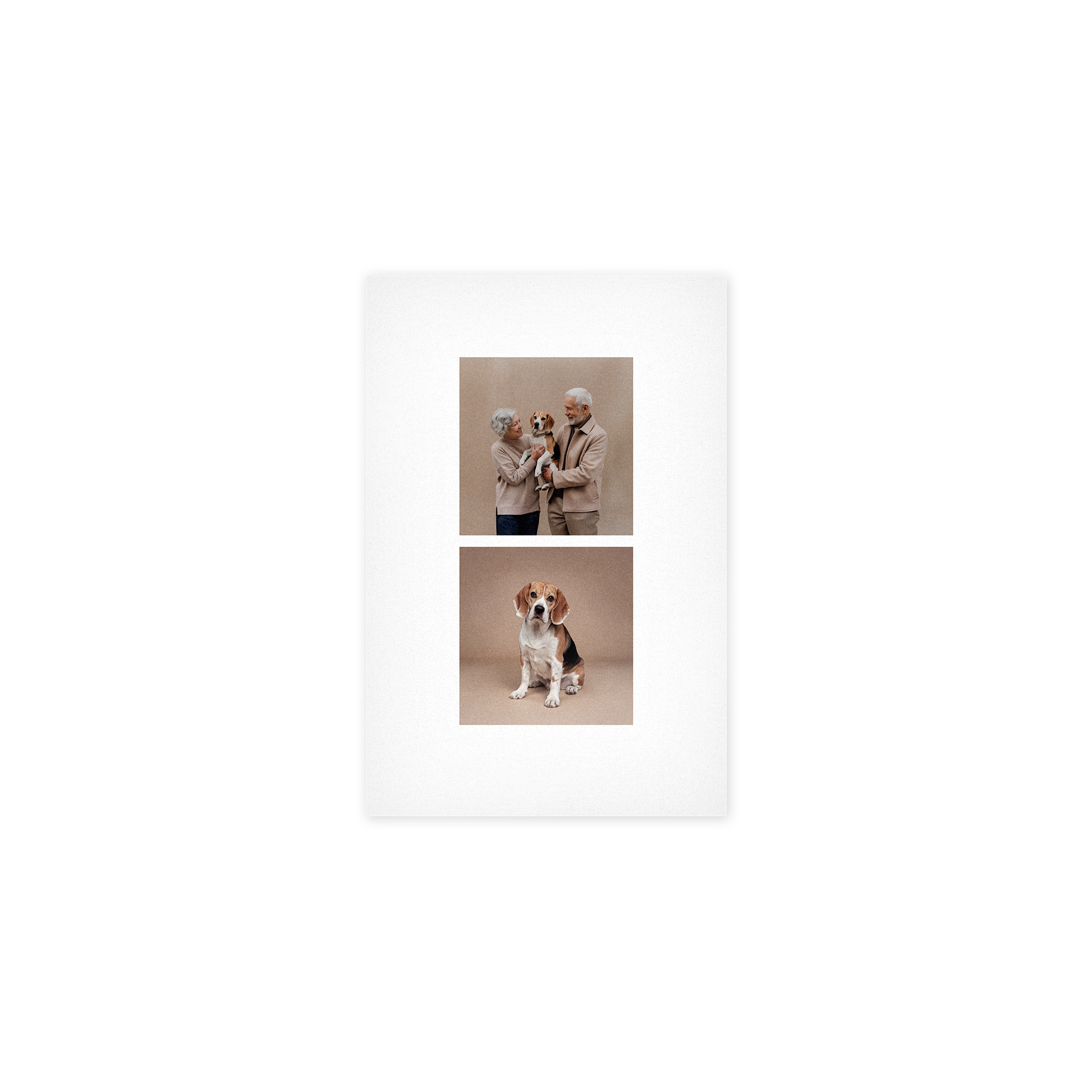 Décoration murale personnalisée avec deux photos imprimées sur panneau PVC. Une photo de couple avec chien et une photo de beagle.