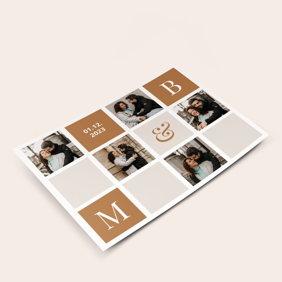 Fotokaart maken Persoonlijke fotokaart met meerdere foto's, een datum, letters en een & teken erop gedrukt