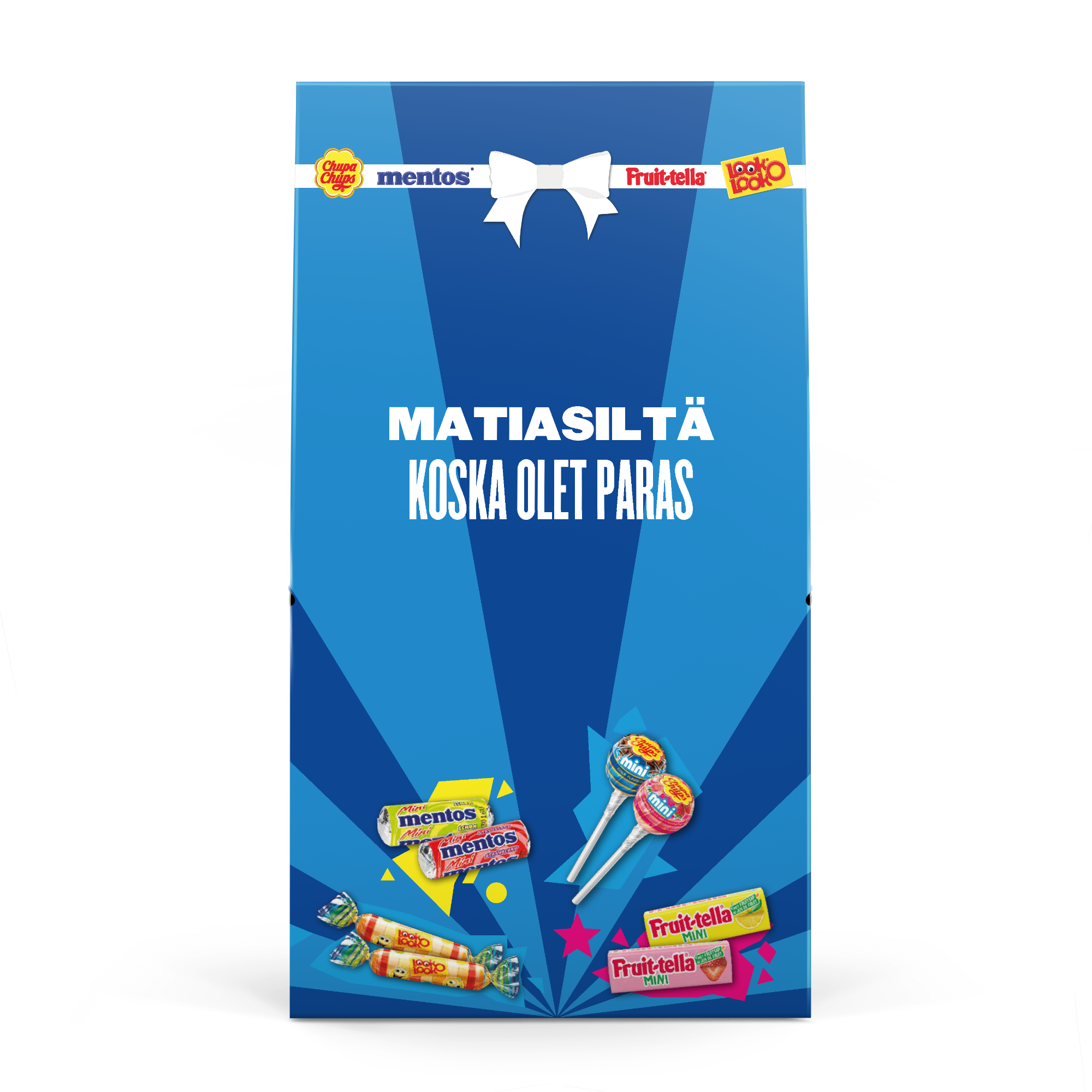 Henkilöity Fruit-tella-karkkisekoitus laatikossa. Laatikossa teksti Matiakselta, koska olet paras.