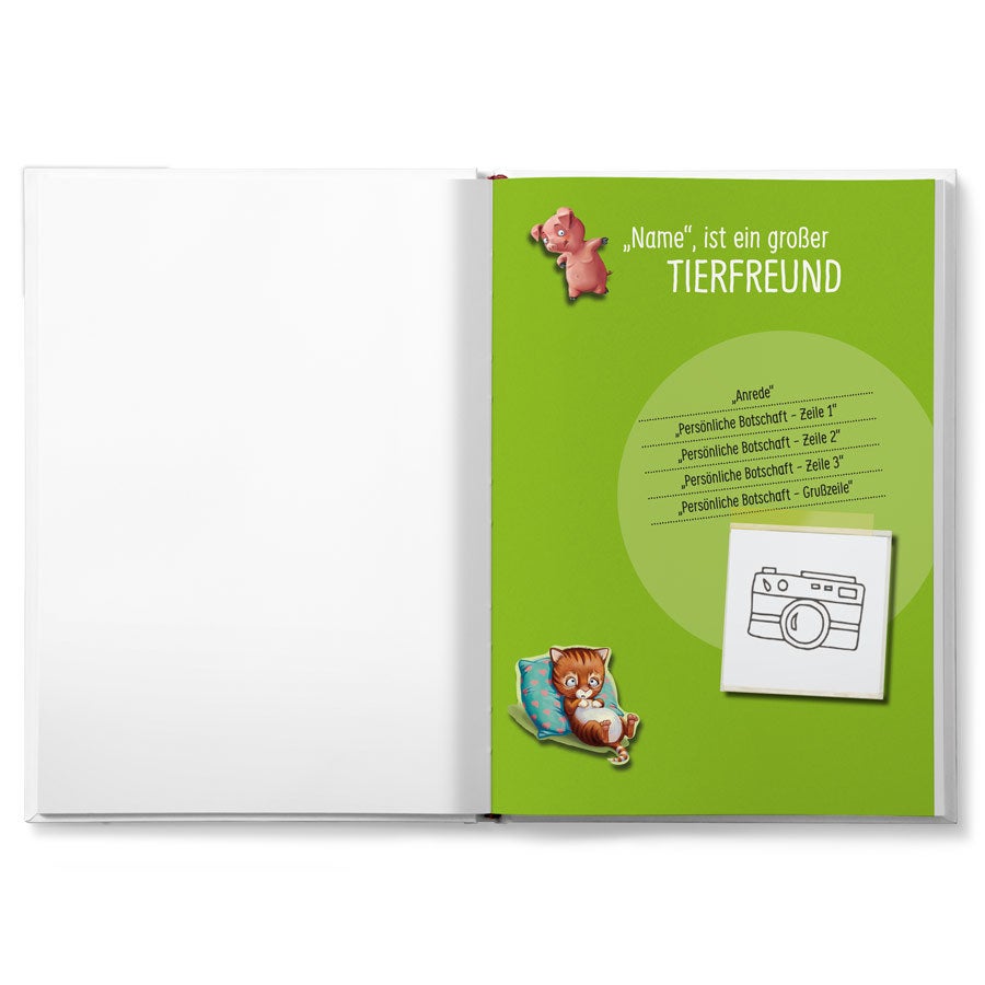 Personalisiertes Buch für Kinder, das den Namen und das Foto des Kindes in der Geschichte verwendet, in der es Tieren hilft.