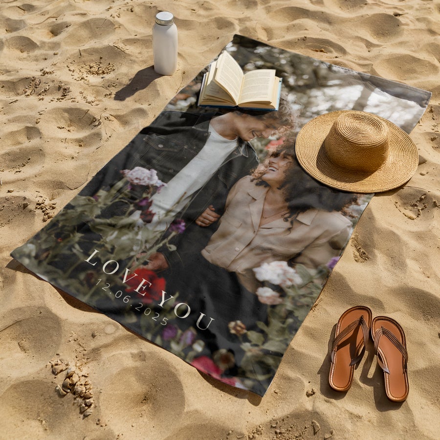 Serviette de plage personnalisé - 100 x 180 Serviette de plage personnalisé 100 x 180 imprimée avec une photo de couple et le texte