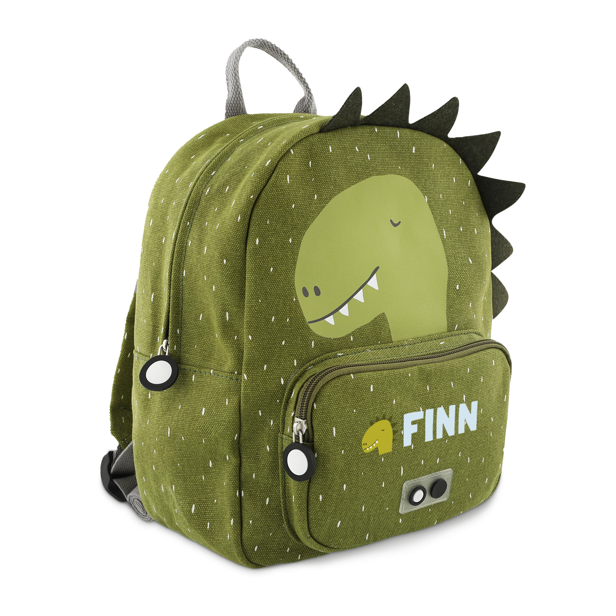 Groene kinderrugzak met dinosauruskop en zwarte stekels, bedrukt met de naam FINN