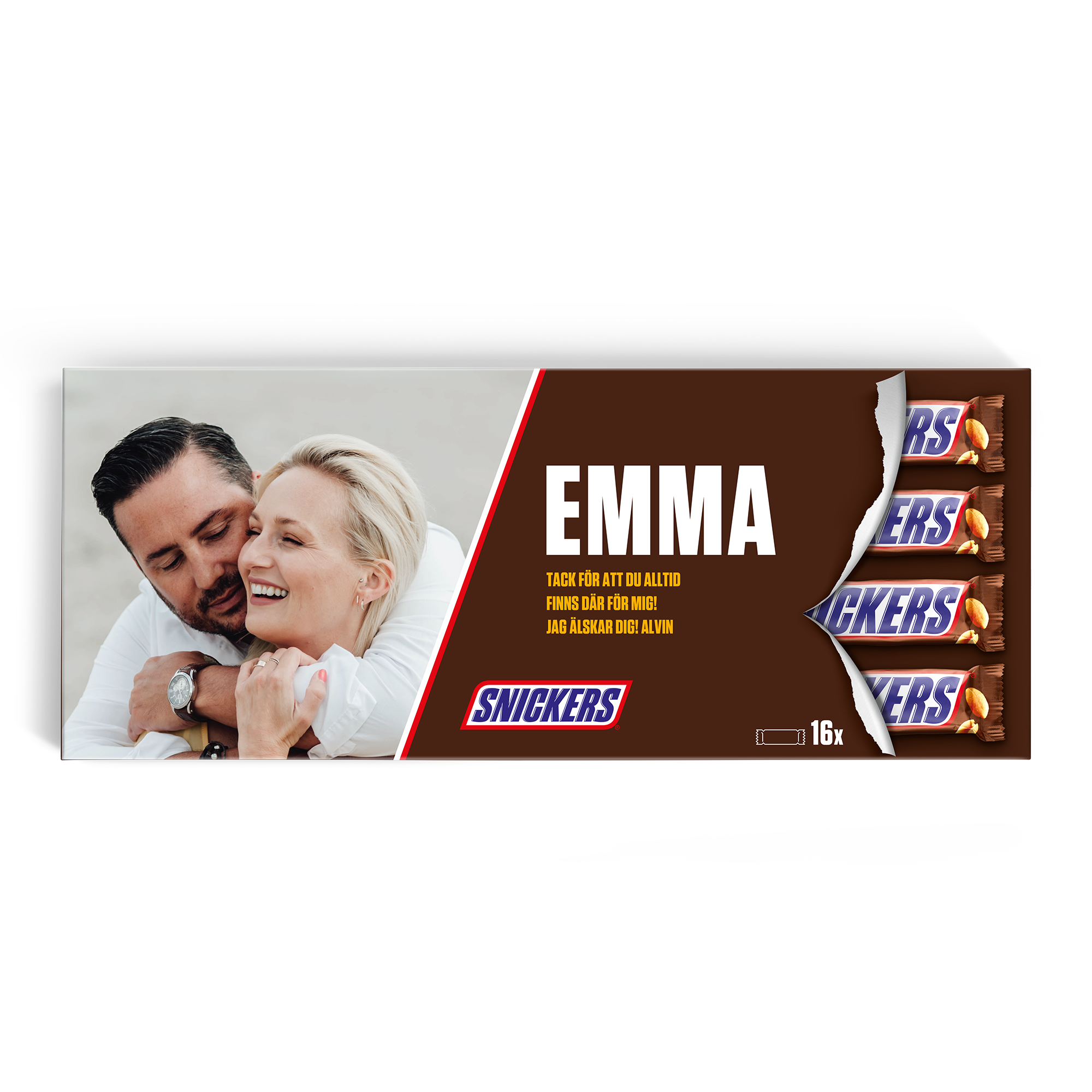 Denna personliga gigantiska Snickersbar i choklad har ett tryckt foto, namnet EMMA och ett meddelande
