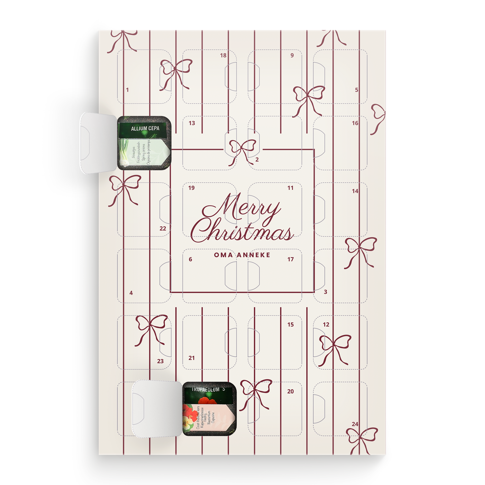 Adventskalender met zaden, bedrukt met Merry Christmas en de naam Oma Anneke, voor natuurlijk aftellen naar kerst.