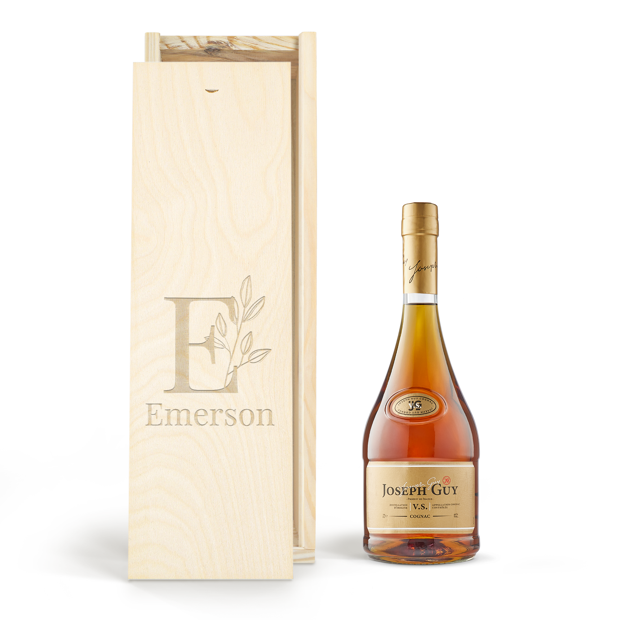 Joseph Guy brandy in an engraved wooden case with the name Emerson and a leaf initial design