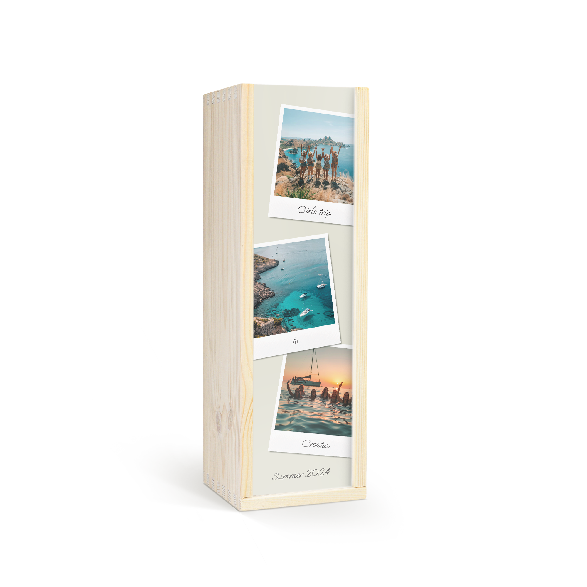 Caja de madera para una botella de Moët & Chandon con fotos personalizadas de un viaje a Croacia.