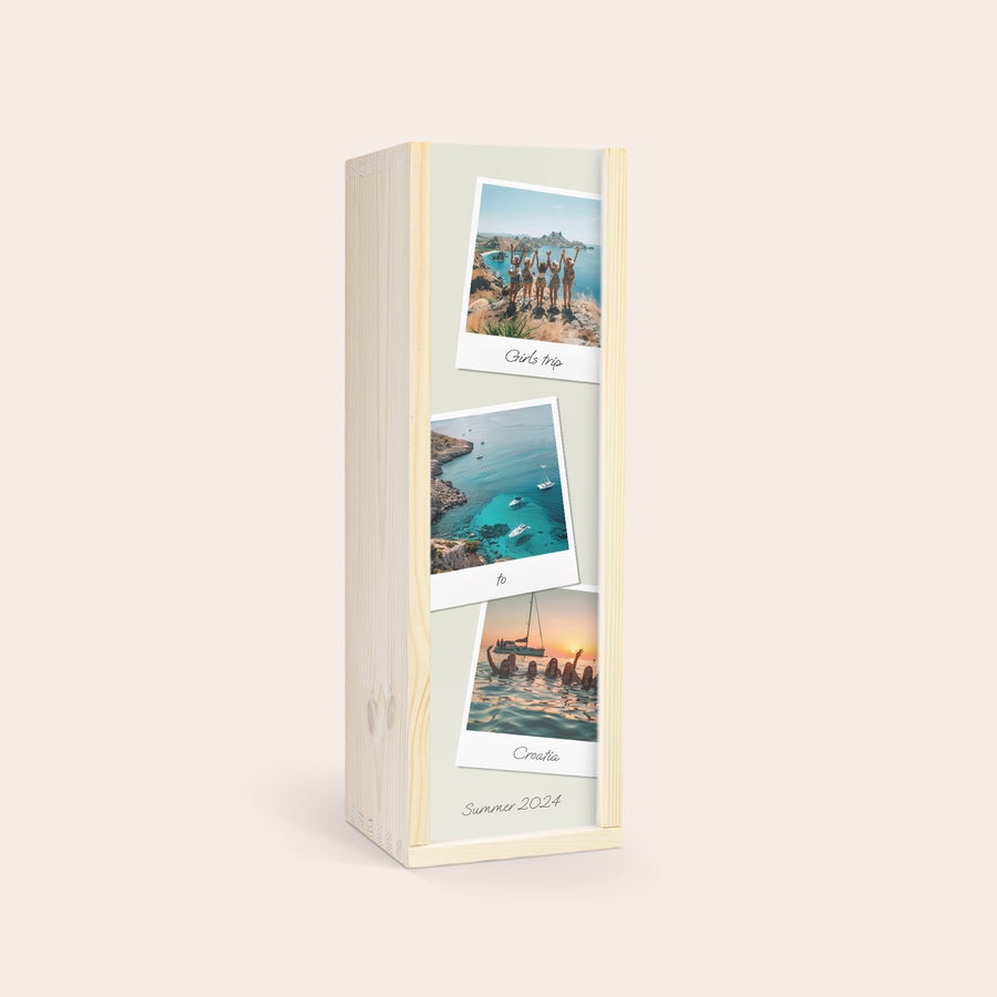 Riondo Prosecco Spumante Personalizzato Meraviglia con un Prosecco Riondo in elegante cassetta di legno personalizzata con tre foto ricordo e scritte Girls trip to Croatia Summer 2024