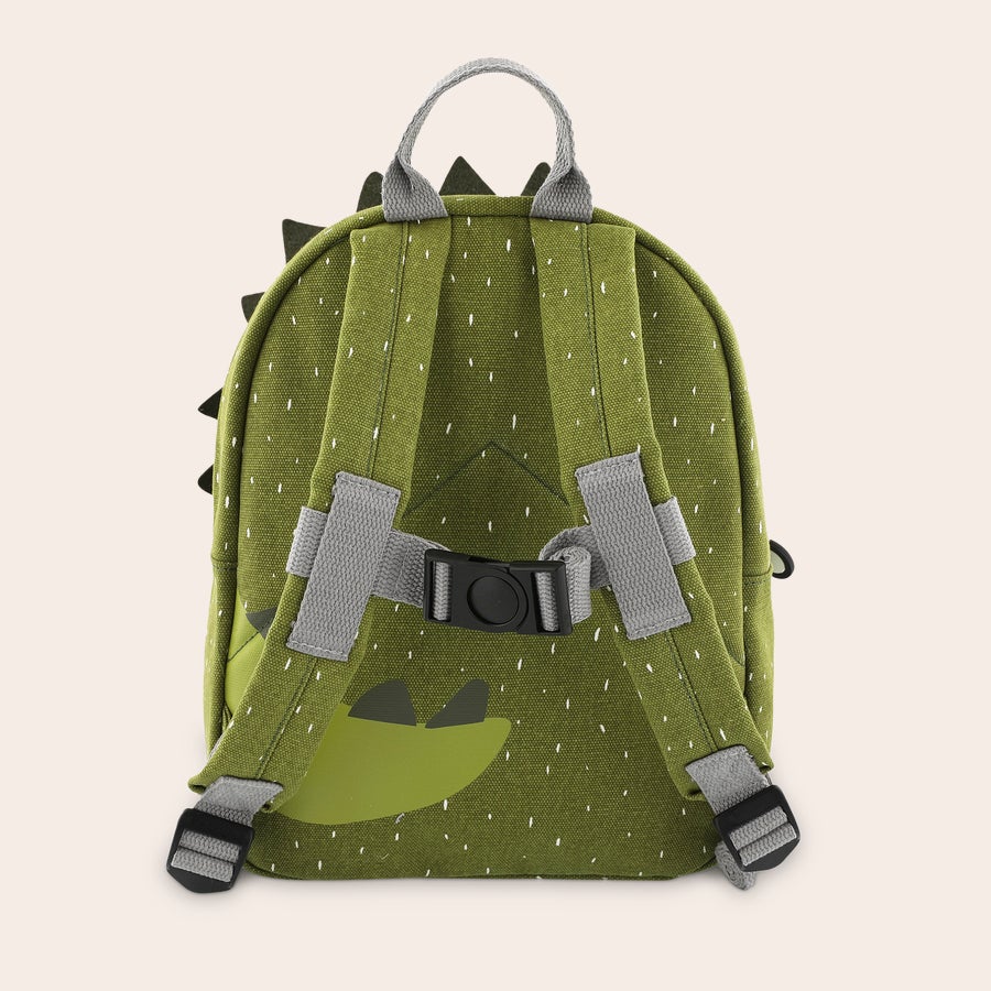 Zaino per Bambini Personalizzato - Trixie Zaino per bambini personalizzato verde con motivo dinosauro, spallacci grigi e fibbia pettorale