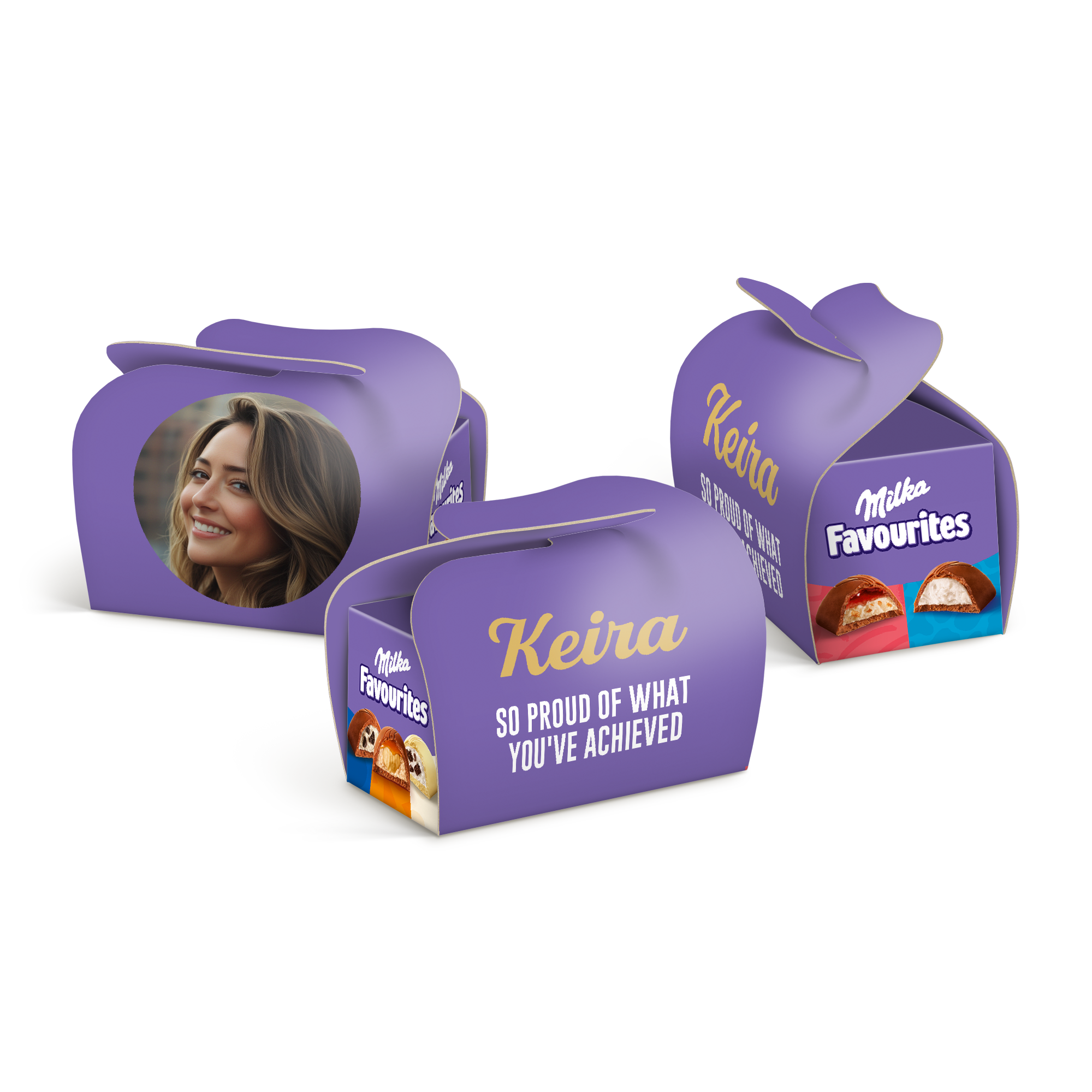 Cajitas Milka personalizadas con foto y nombre Keira, texto So Proud of What You've Achieved.