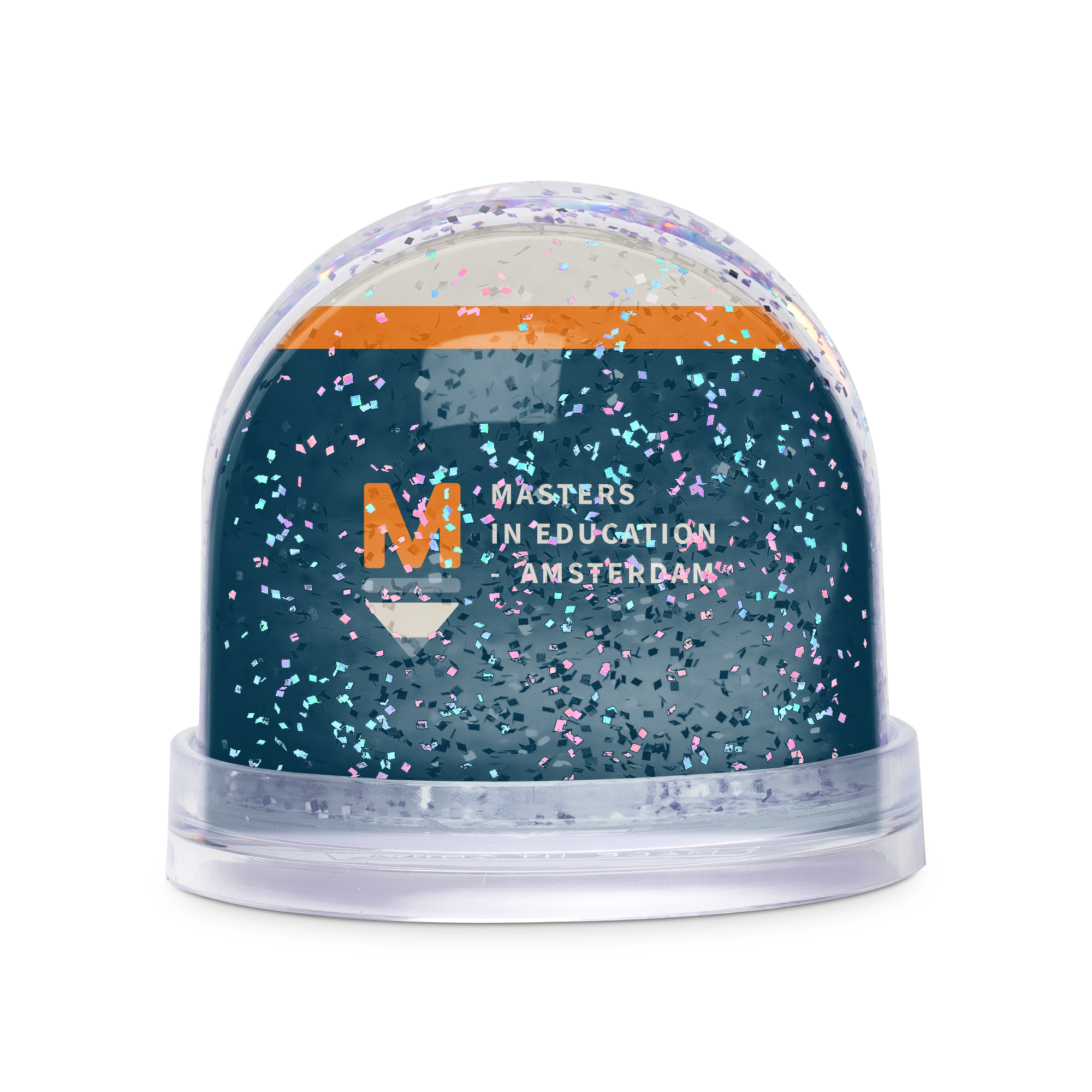 Personalized glitter snow globe with an M logo, the words "Masters in Education Amsterdam" printed on a photo, and colorful glitter.