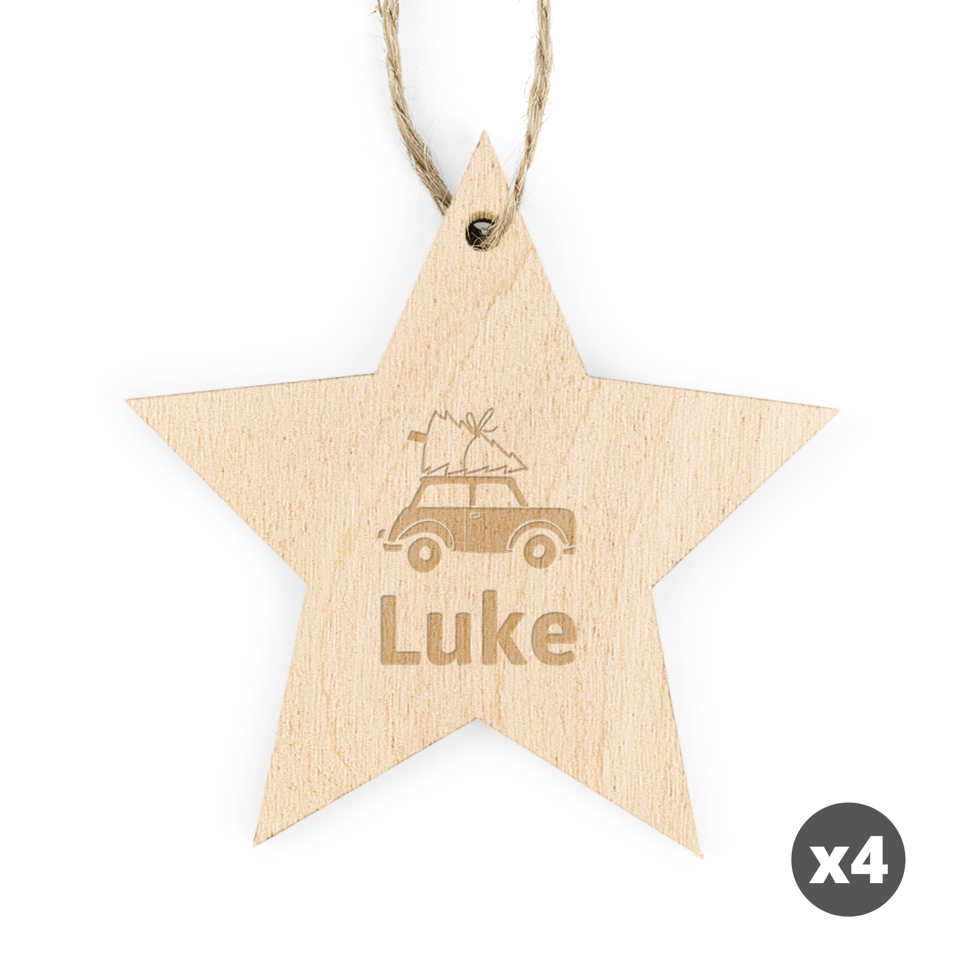 Stella di legno per albero di Natale incisa con nome Luke, con design auto e albero di Natale in cima.
