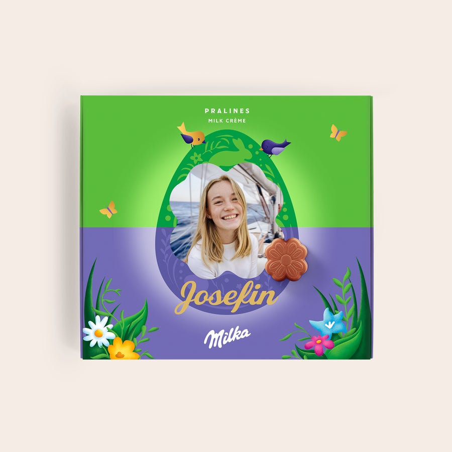 Personliga Milka presentförpackning - Påsk Personlig Say it with Milka-chokladpresentförpackning med en tryckt bild av en kvinna och namnet Josefin.