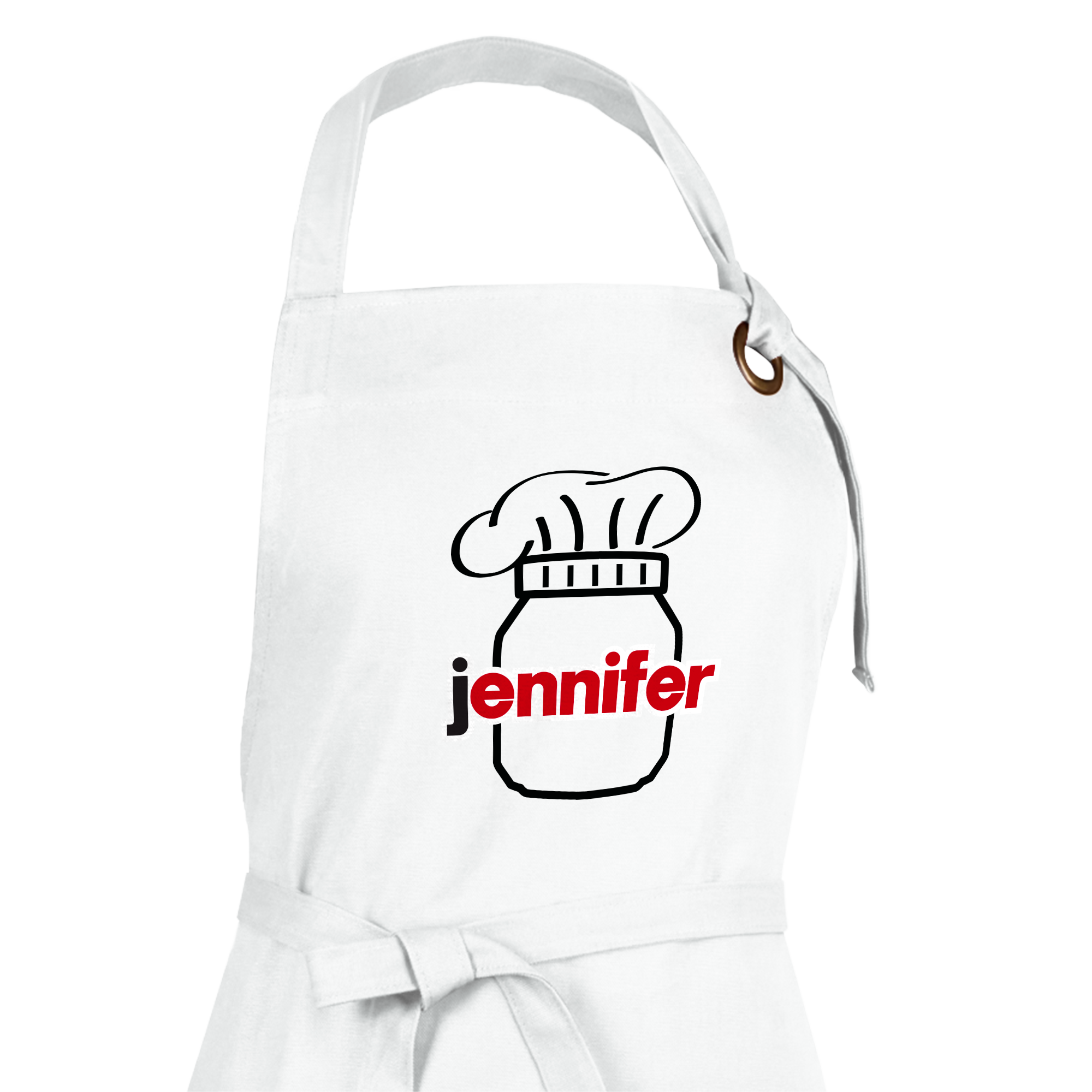 Weiße personalisierte Backspaß-Geschenkset Schürze mit Kochmützen-Nutella-Design und dem Namen "Jennifer" aufgedruckt.