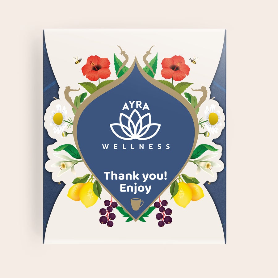 Osebno prilagojeni čaj Pukka Personaliziran darilni set čajev Pukka, potiskan z logotipom AYRA Wellness in sporočilom Thank you! Enjoy