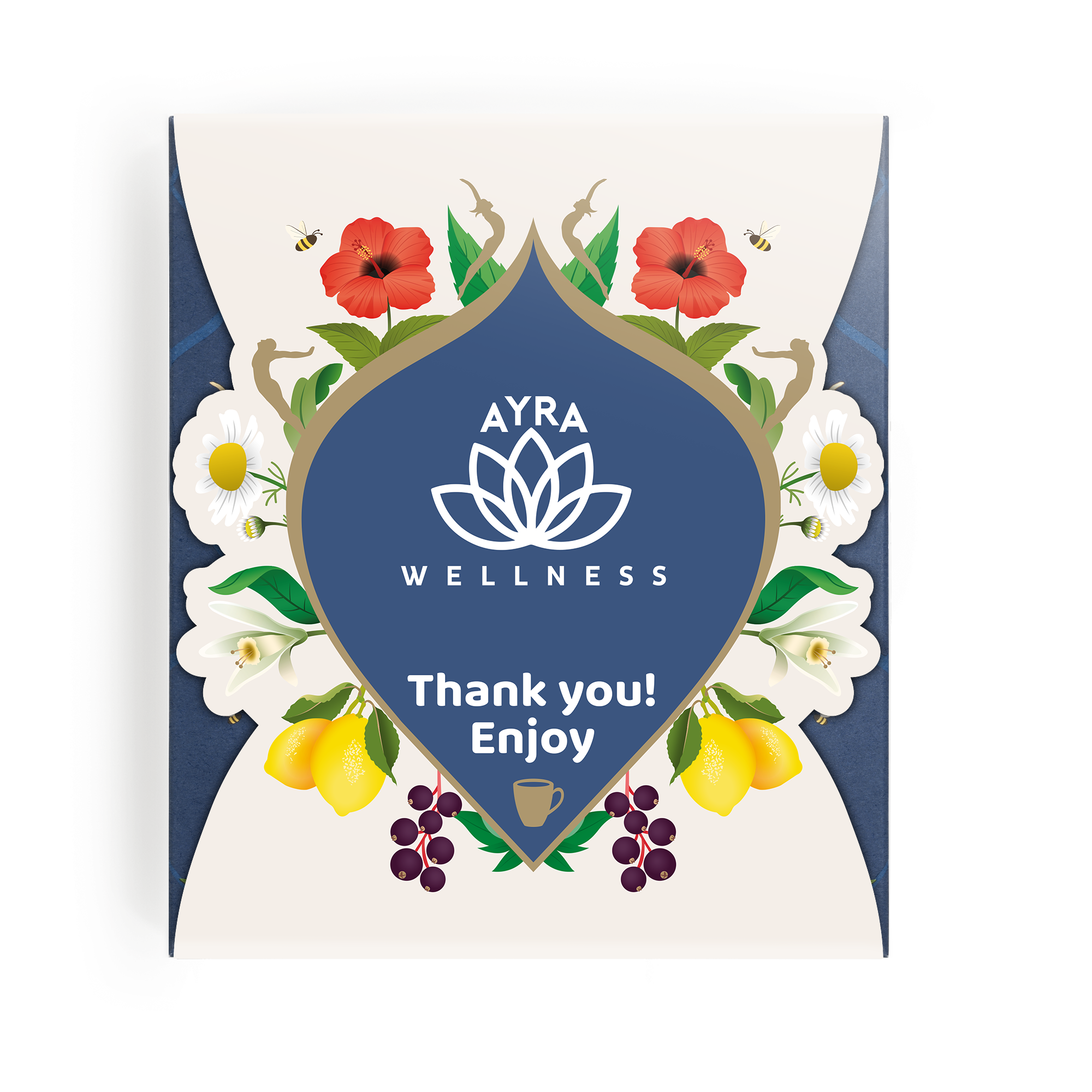 Personoitu Pukka-teelahjasetti, jossa Ayra Wellness logo ja teksti "Thank you! Enjoy" painettuna kanteen.