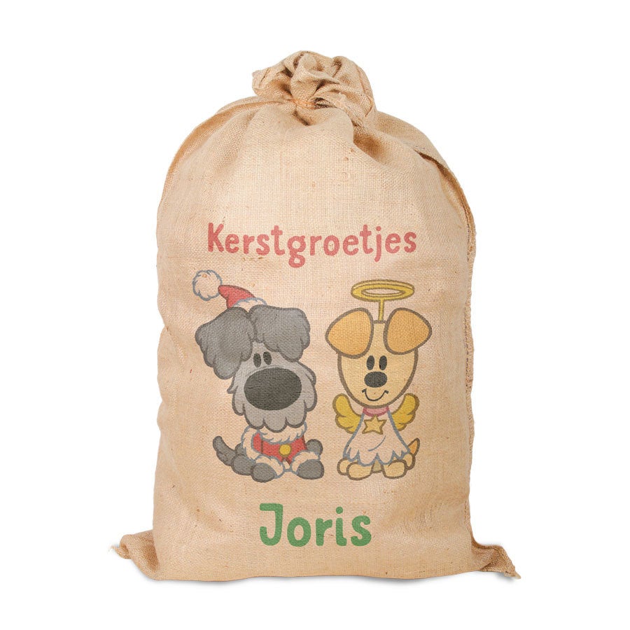 Woezel & Pip jute kerstzak met naam bedrukt