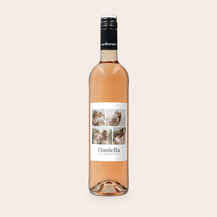 Rosévin med personlig etikette - Maison de la Surprise Syrah Flaske Maison de la Surprise rosévin med fire billeder og navn trykt på etiketten.