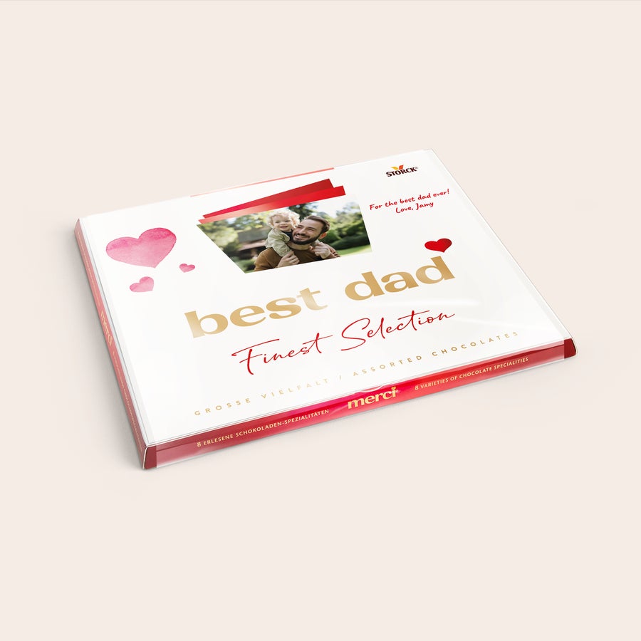 Chocolate merci com cartão festivo Chocolate merci com cartão festivo - 250 gramas, personalizado com foto e mensagem 'For the best dad ever! Love, Jamy'.