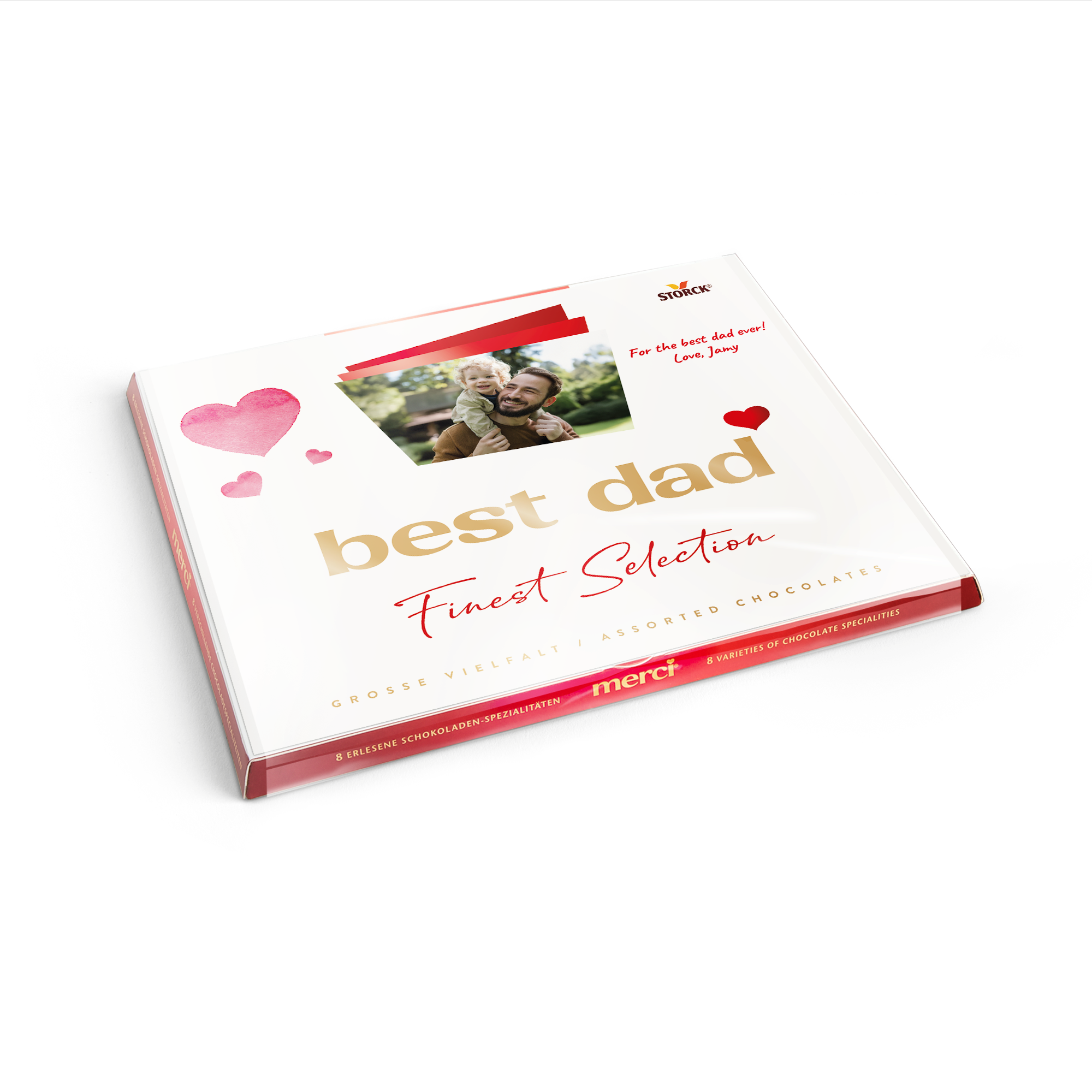 Merci-choklad med personligt chokladkort - 250 gram, vitt omslag med foto, rosa hjärtan och texten "best dad" tryckt på.