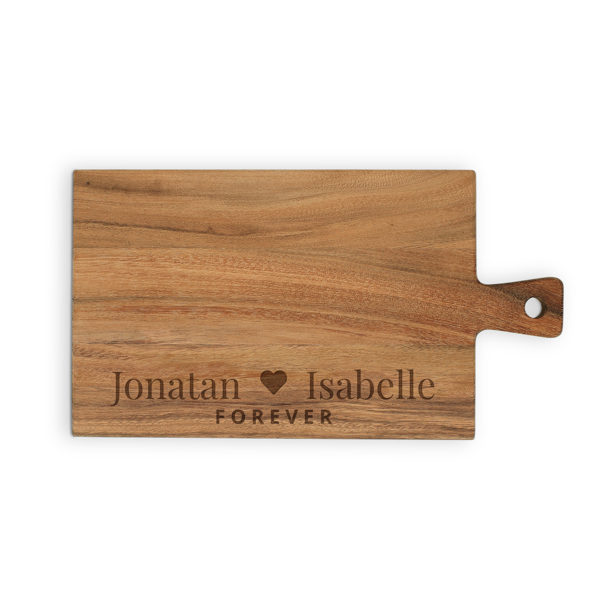 Personaliserad serveringsplanka av teak, lasergraverad med namnen Jonatan och Isabelle med hjärta emellan, samt texten FOREVER.