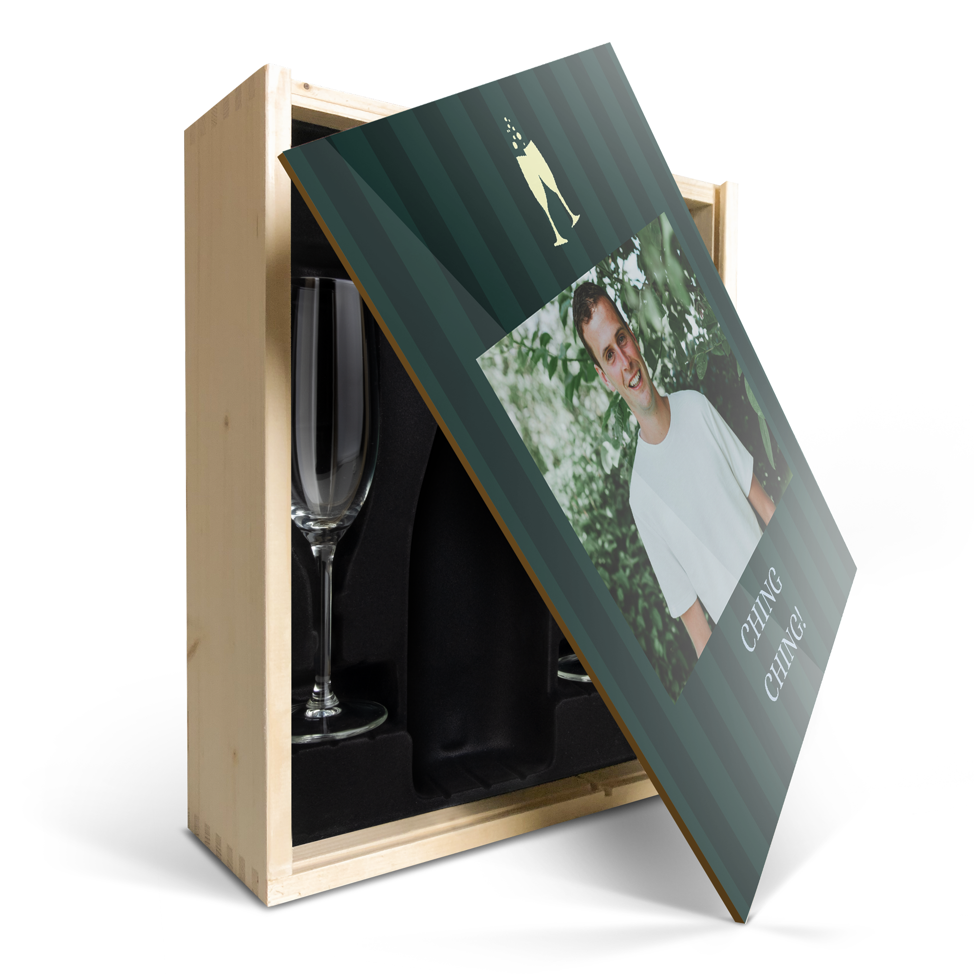 Personalised wooden champagne case - Printed lid - 2 champagne flutes