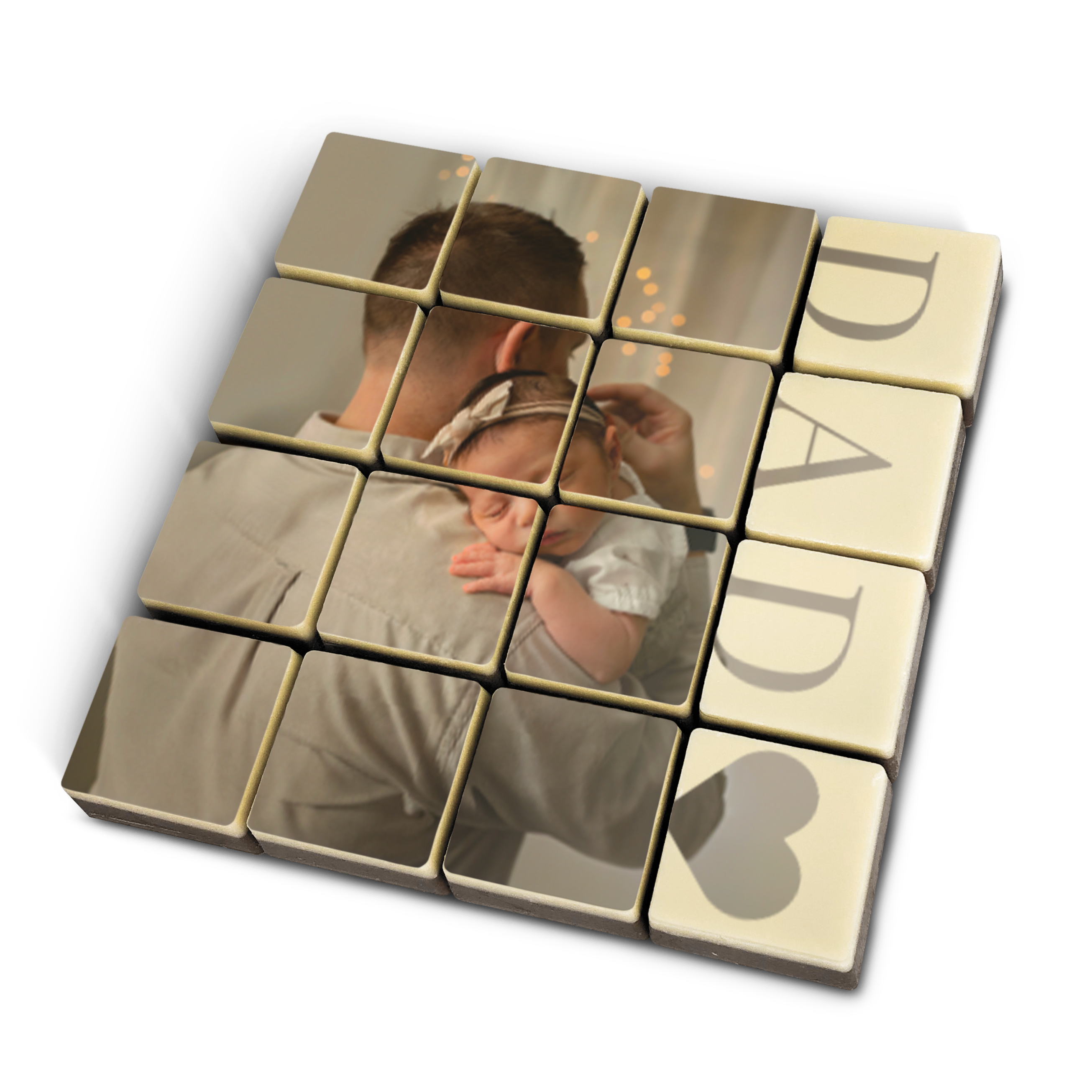 Ditt finaste foto tryckt på chokladrutor med en bild av en far som håller sitt barn och texten DAD med ett hjärta, en smaskig present