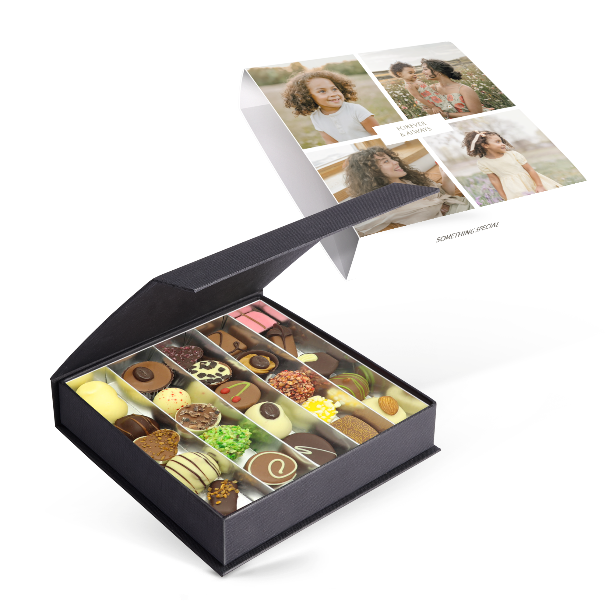Coffret personnalisé de luxe - 25 chocolats avec couvercle imprimé d'un collage de photos