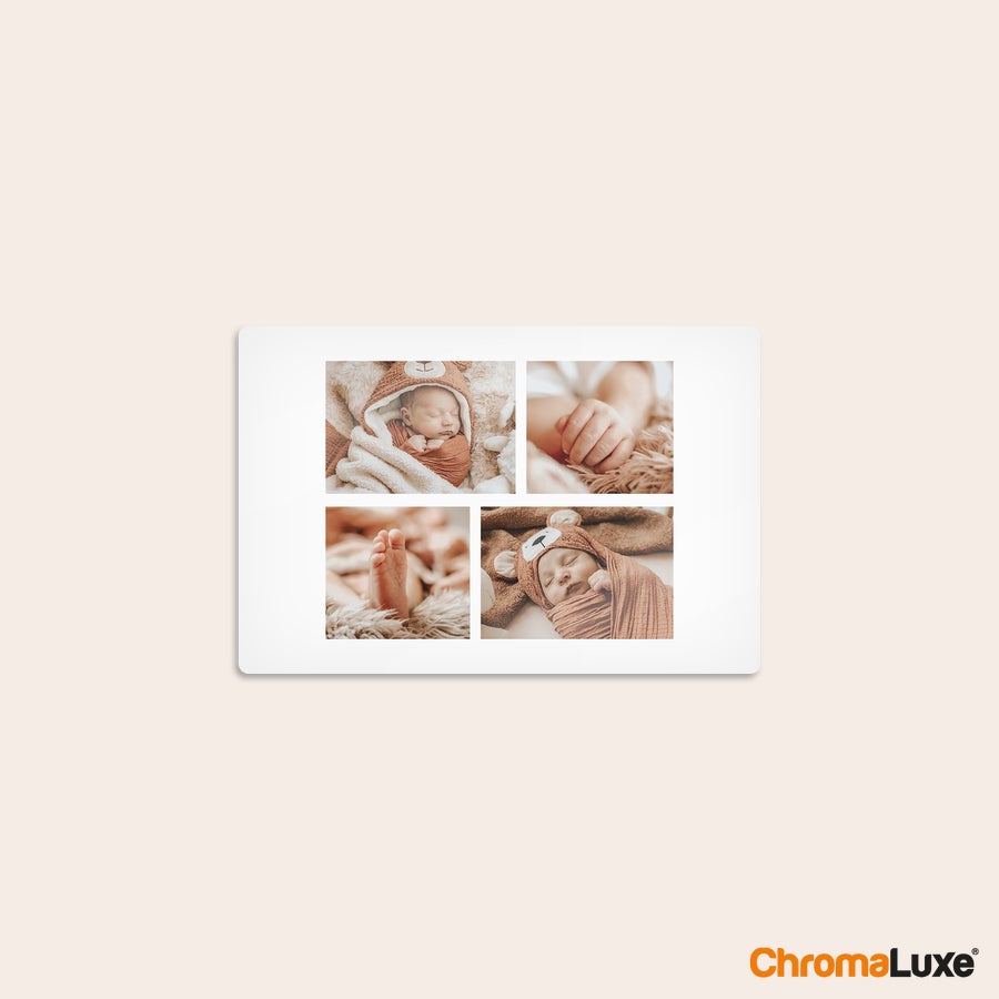 Aluminium photo panel Chromaluxe aluminium photo print with four custom photos of a sleeping baby, perfect to capture your favorite memories