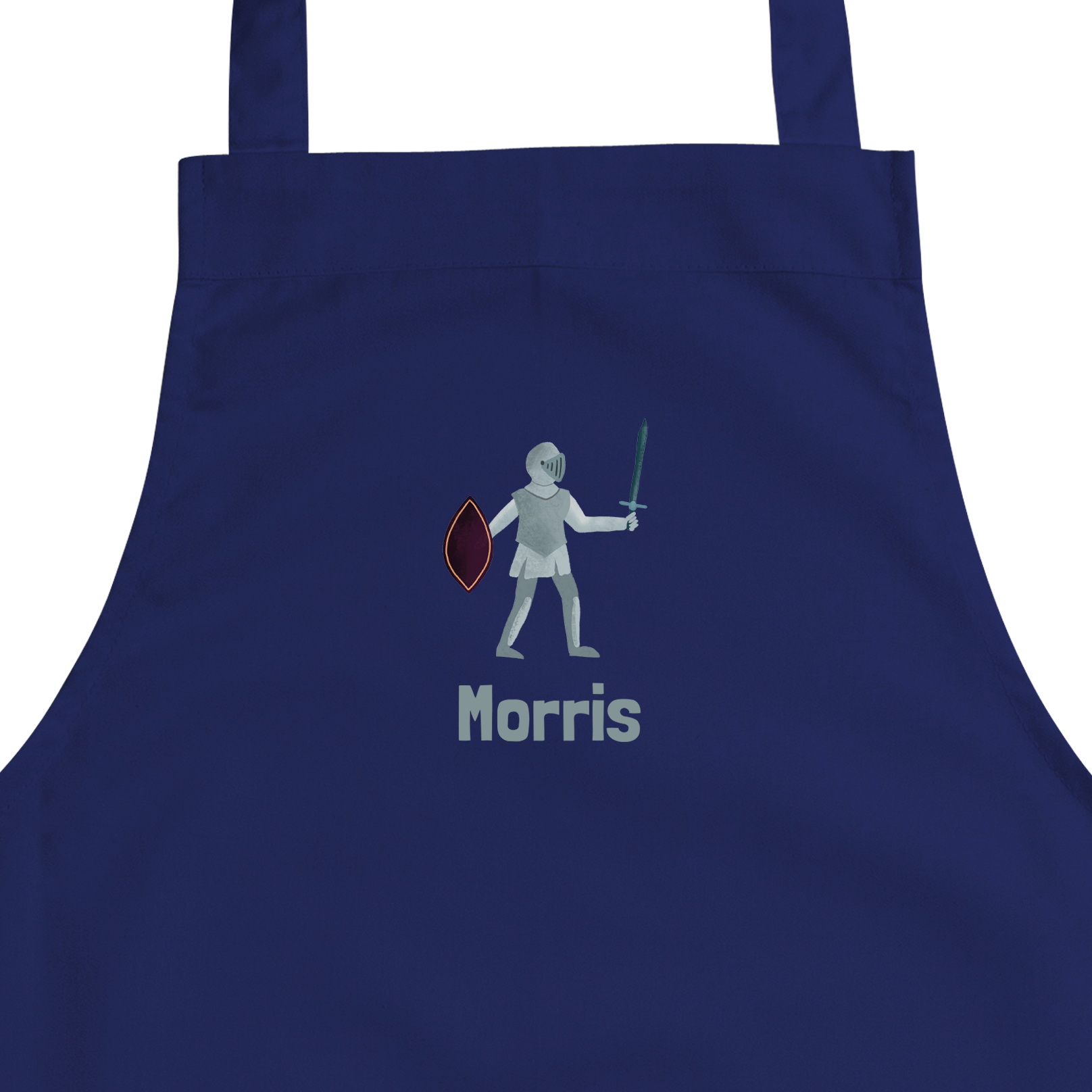 Een blauw persoonlijk schort voor kinderen, bedrukt met een ridder en de naam Morris