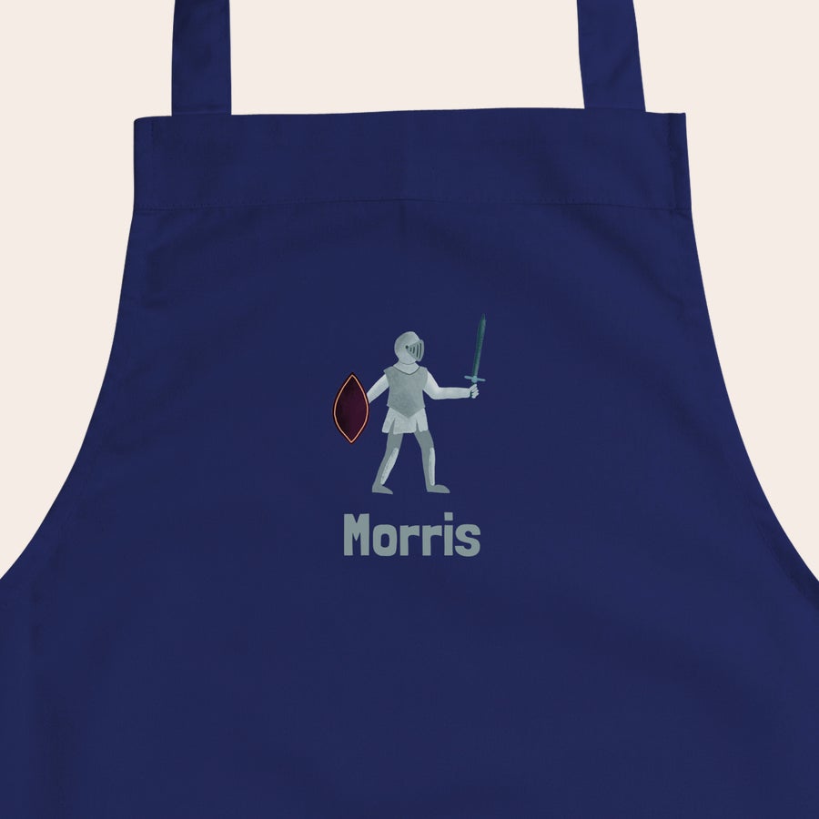 Kinderschort met naam Een blauw persoonlijk schort voor kinderen, bedrukt met een ridder en de naam Morris