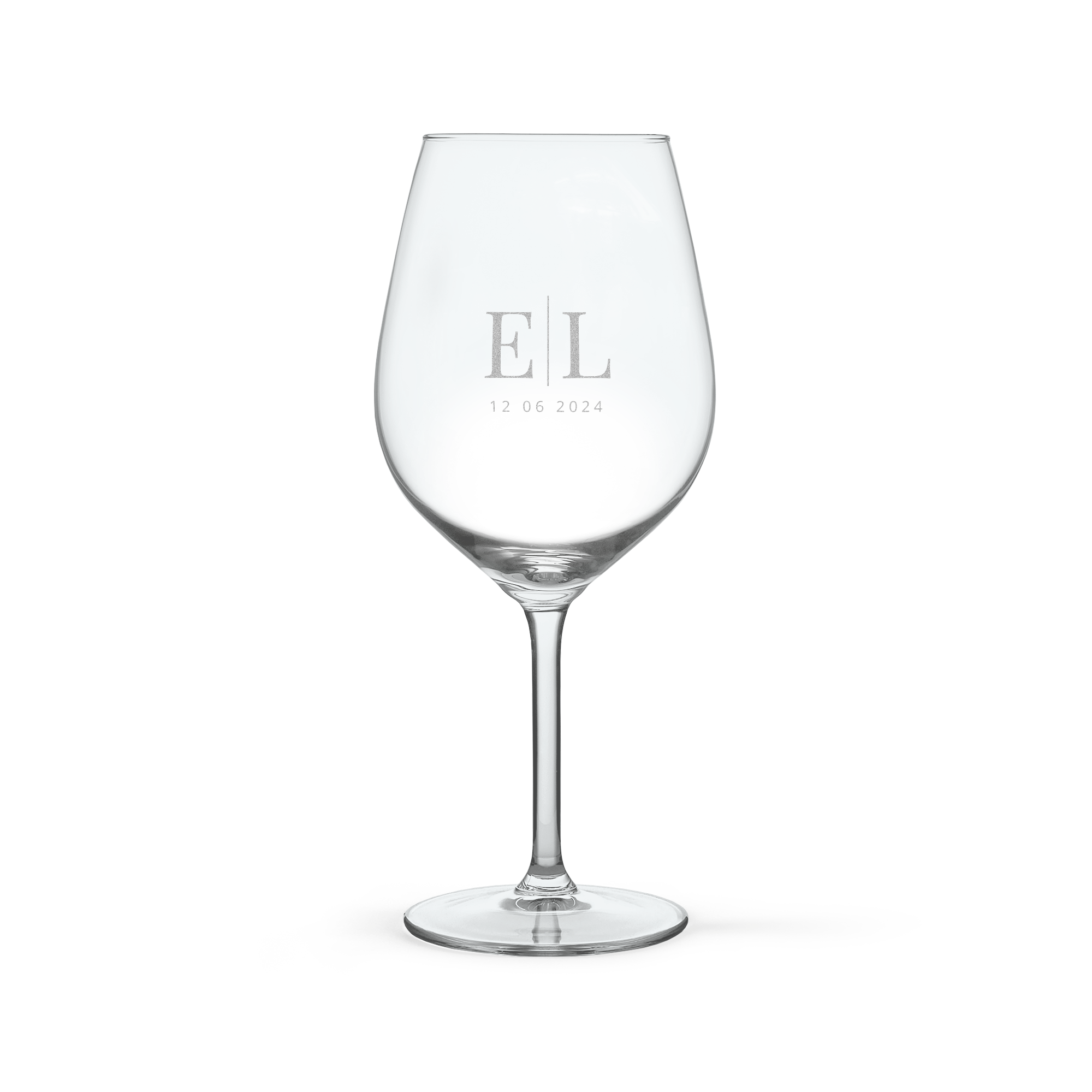 Verre à vin transparent, gravé avec les initiales EL et la date 12 06 2024, idéal pour un amateur d'Aperol Spritz personnalisé.