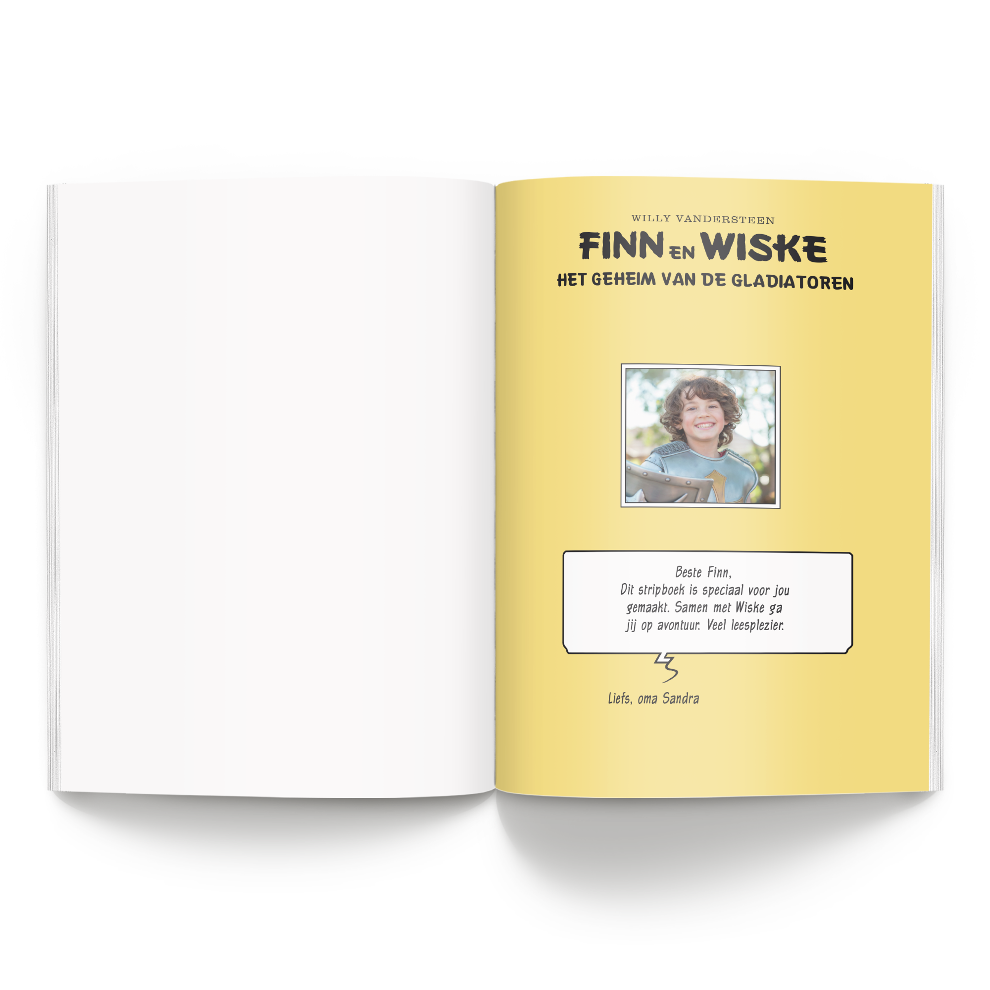 Persoonlijk stripboek Suske en Wiske 'Het geheim van de gladiatoren' (Softcover) met gepersonaliseerde foto van Finn en een persoonlijke boodschap.