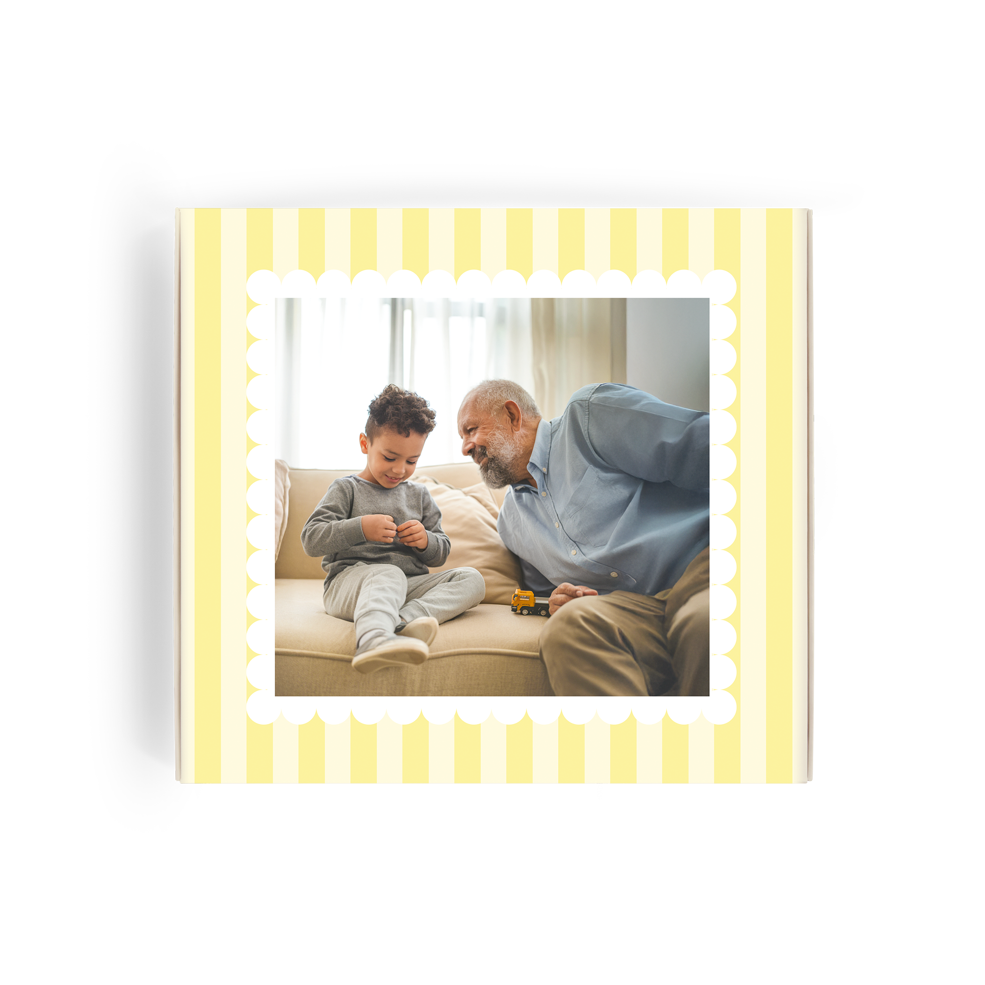 Personalized Milka gift box with a printed photo of a child and an adult on a couch for Easter