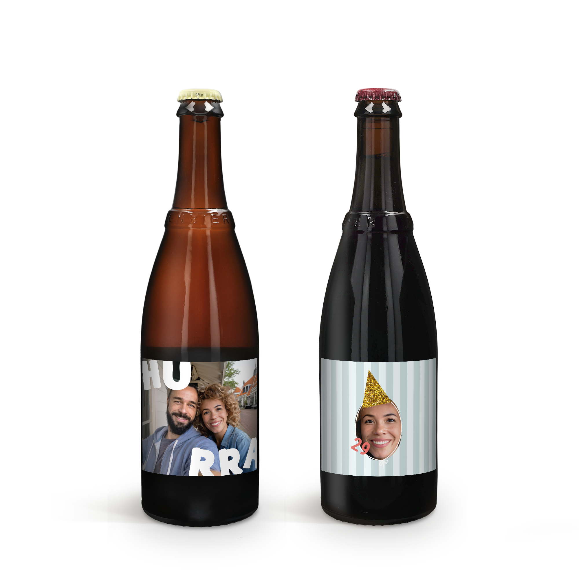 Två flaskor Westmalle Dubbel och Tripel öl med personliga etiketter, tryckta med foton och text för att överraska.