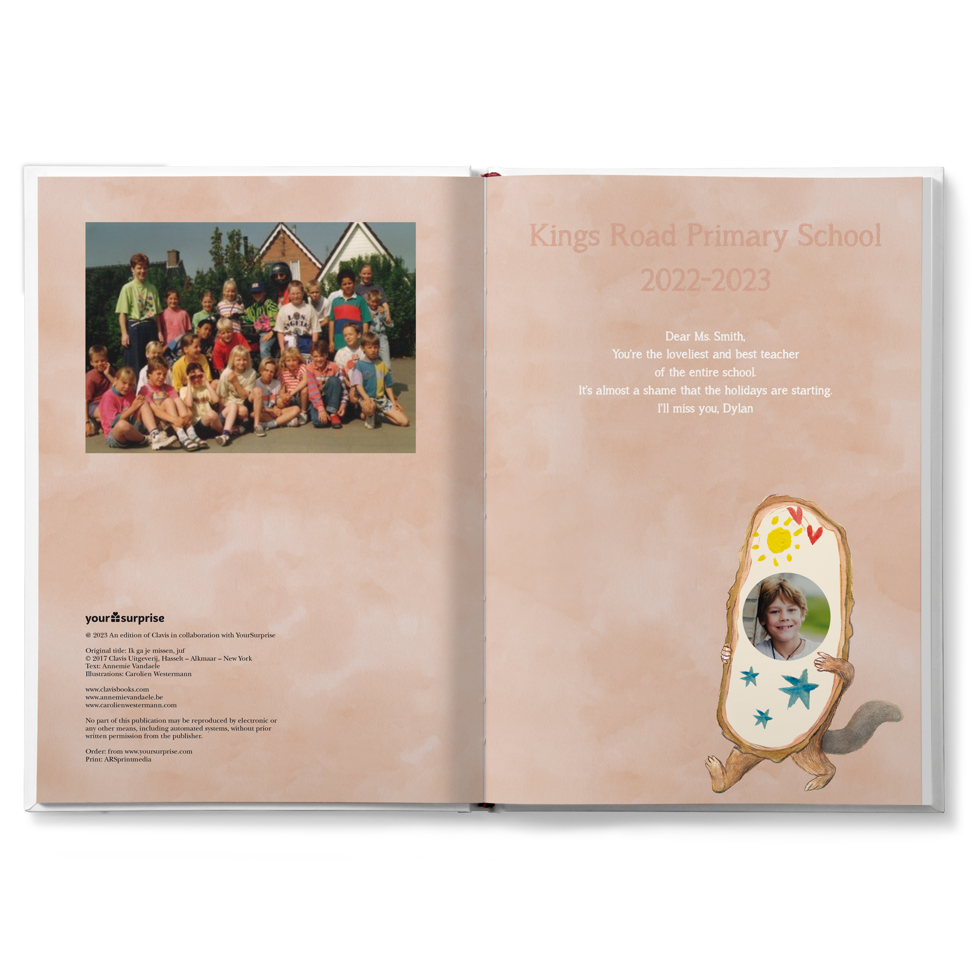 Open personalized book with a class photo and a boy's photo, custom text for a teacher, and "I'll miss you, Dylan."