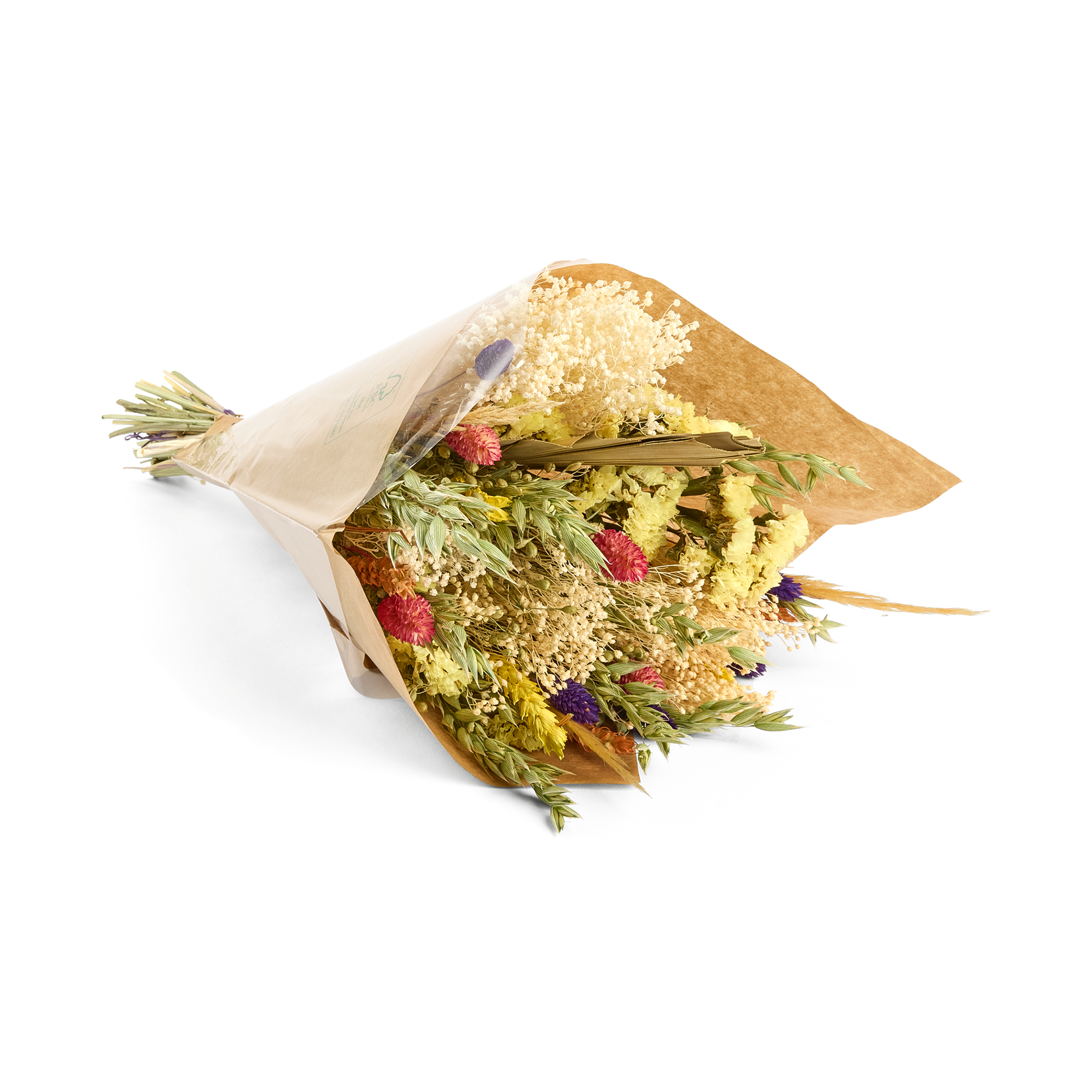 Bunter Trockenblumenstrauß in Packpapier eingewickelt Überrasche deine Liebsten mit einem bunten Blumenstrauß aus getrockneten Blumen mit persönlicher Karte