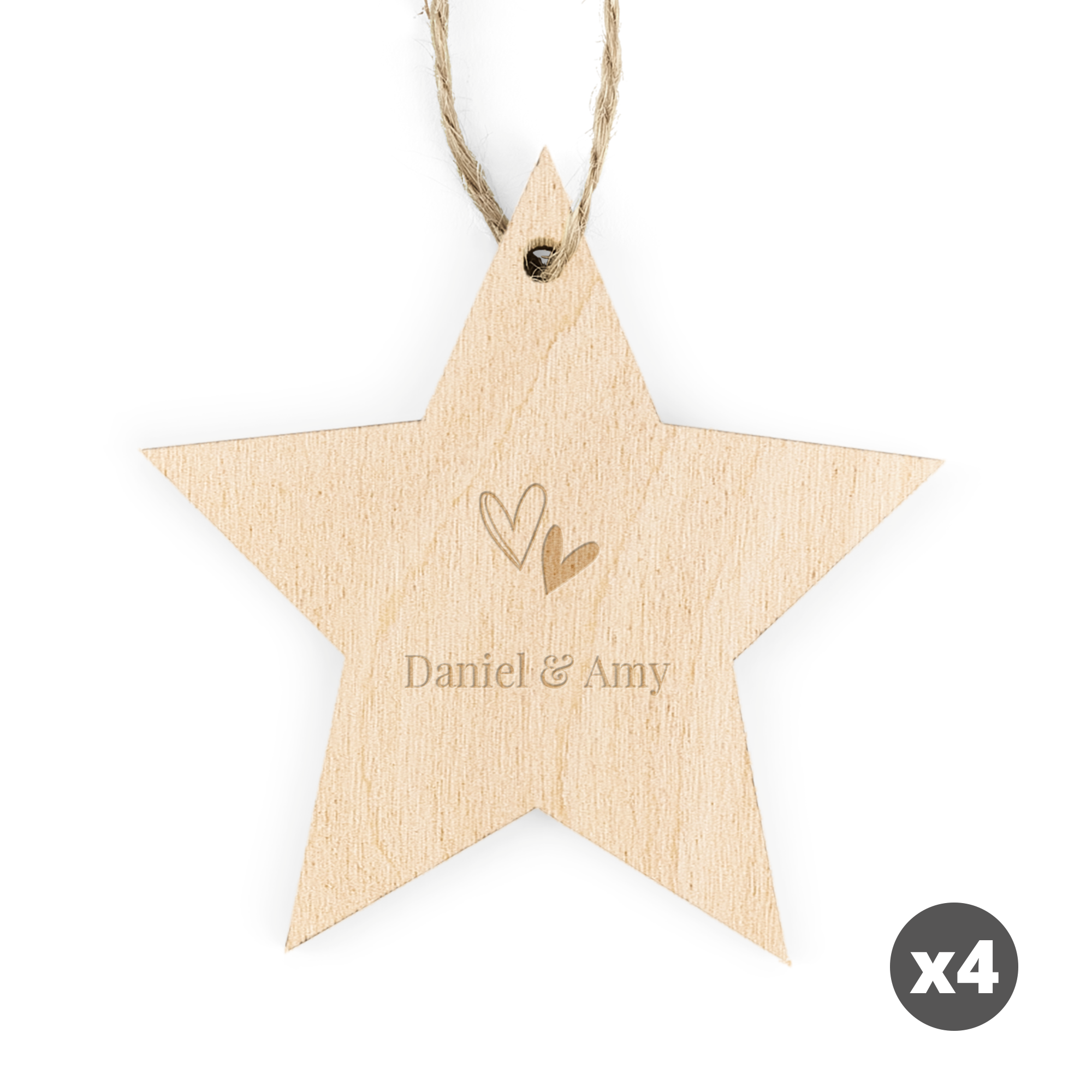 Decorațiuni de Crăciun personalizate - Lemn - Gravate - Stea - 4 buc
