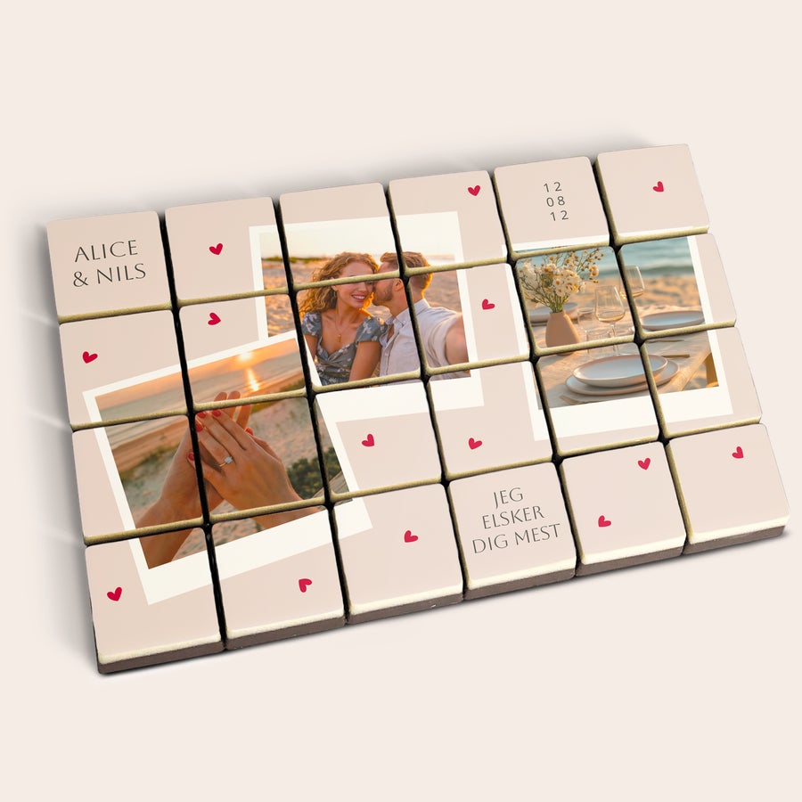 Chokolade blokke med billede Personlige chokolader med dit yndlingsbillede, trykt med et par og bryllupsring, samt navnene "Alice & Nils".