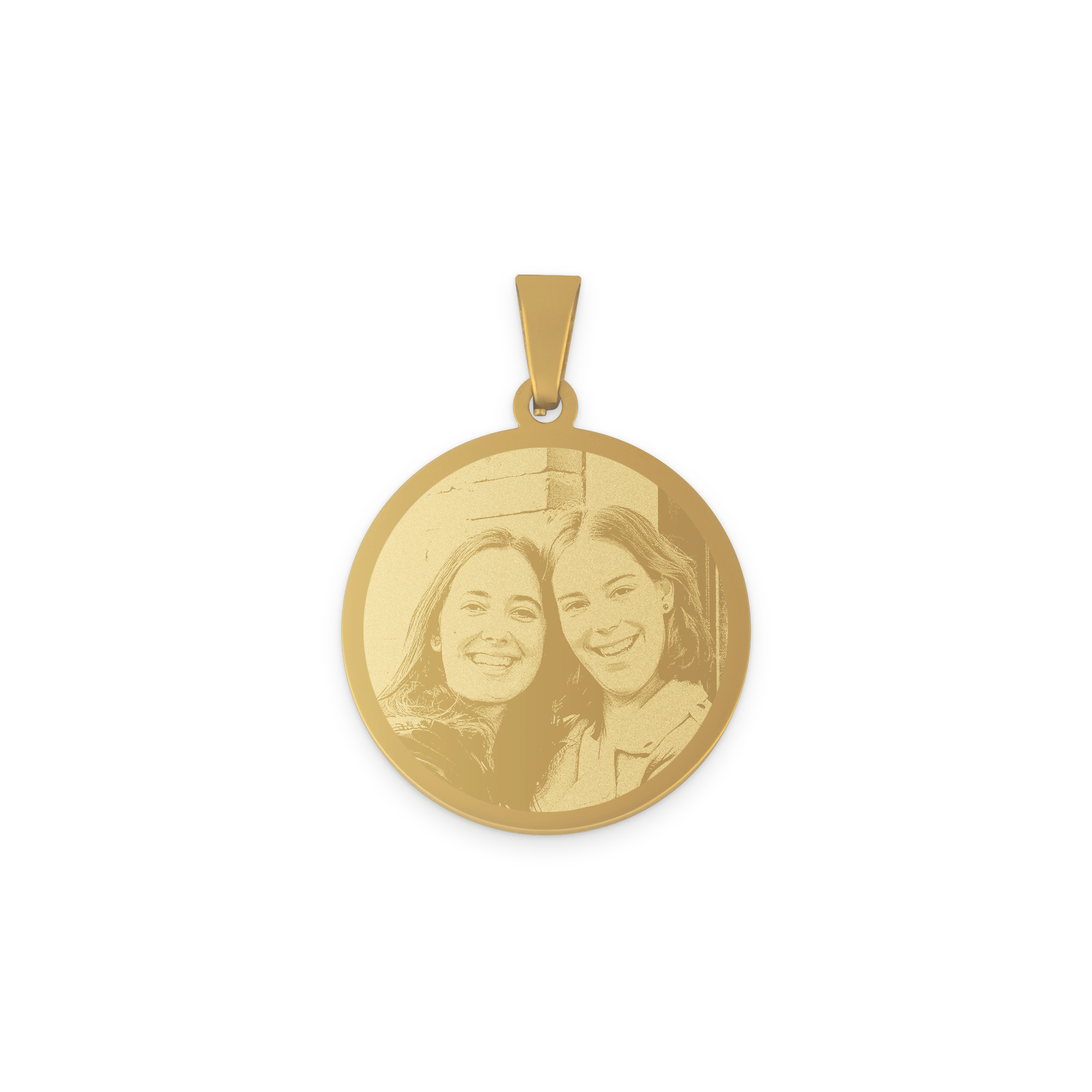 Round gold-colored pendant engraved with a photo of two smiling women. A beautiful double pendant engraved with photo.