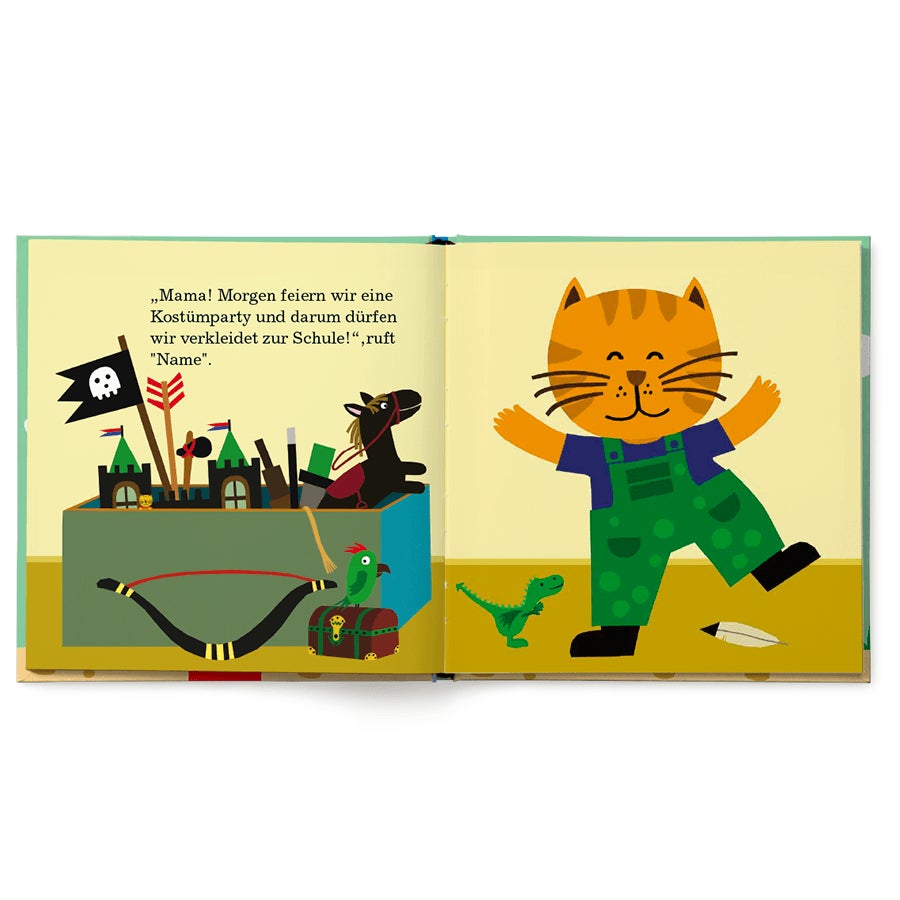 Buch Cowboy personalisieren Ein fröhlich-freches Kinderbuch mit Namen, gedruckt mit einer Katze in Latzhose und Piraten-Requisiten.