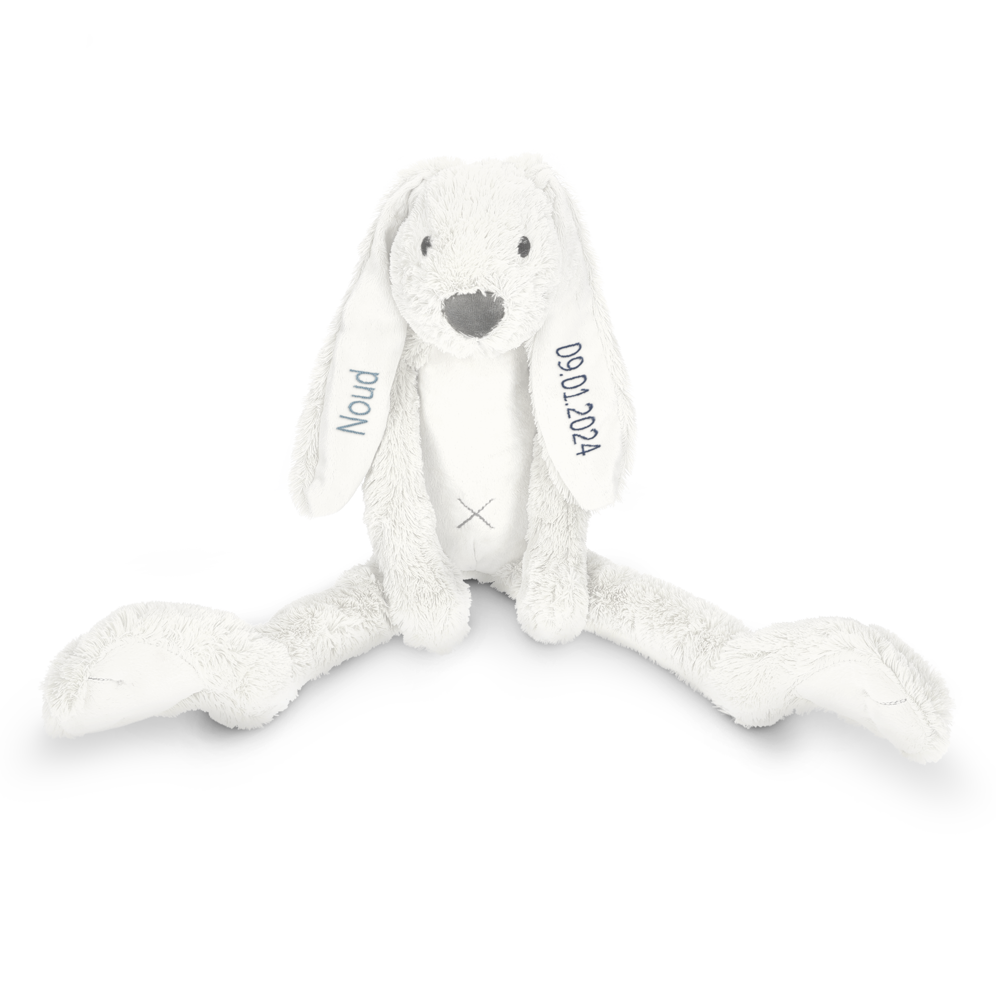 Wit pluche Happy Horse konijn Richie met naam Noud en datum 09.01.2024 geborduurd in de oren. Lekker knuffelen.