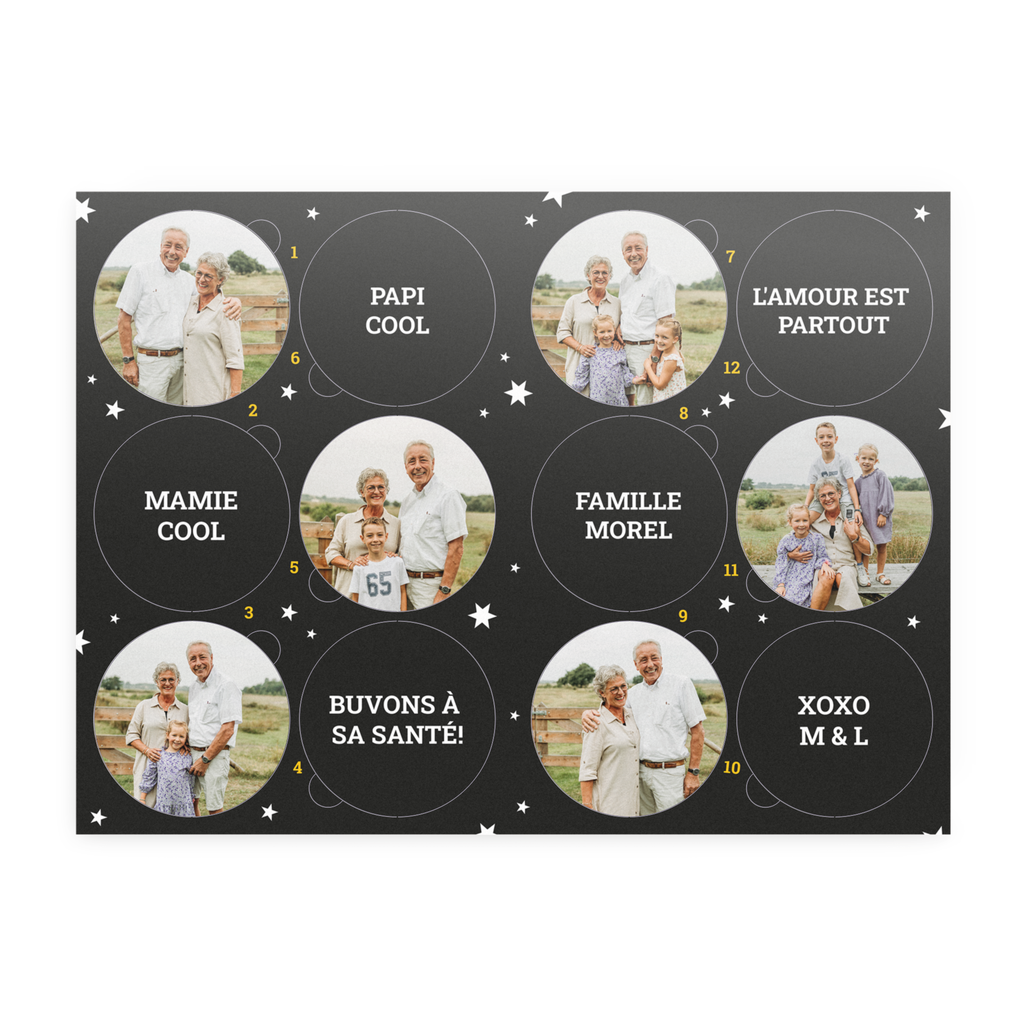 Coffret cadeau bière surprise personnalisé - 12 bouteilles avec 12 photos et textes comme PAPI COOL, MAMIE COOL, FAMILLE MOREL imprimés.
