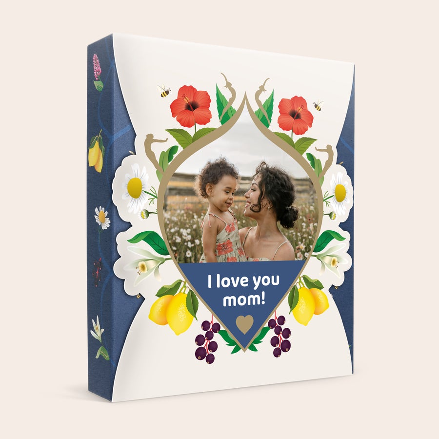 Personalizovaný čaj Pukka Personalizovaná darčeková sada čajov Pukka, krabica potlačená fotografiou matky s dieťaťom a nápisom I love you mom