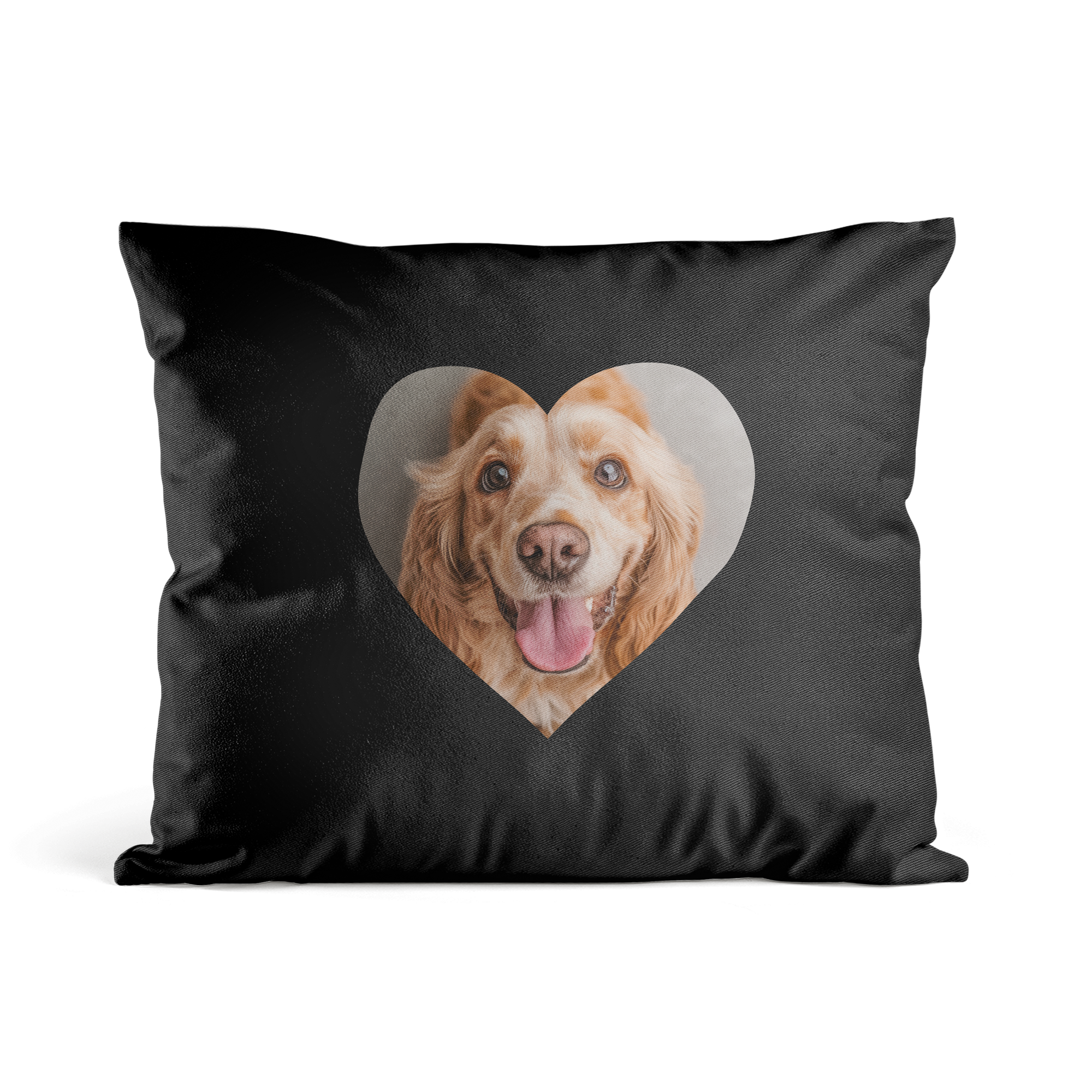 Almofada preta personalizada com foto impressa de cachorro em formato de coração. Transforme qualquer espaço com uma almofada lindamente personalizada.