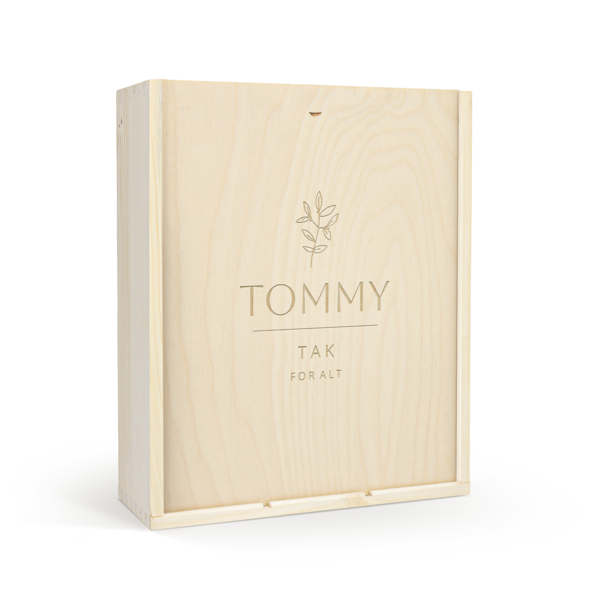 Oude Kaap vinpakke i en luksusgraveret vinboks med navnet TOMMY og teksten TAK FOR ALT