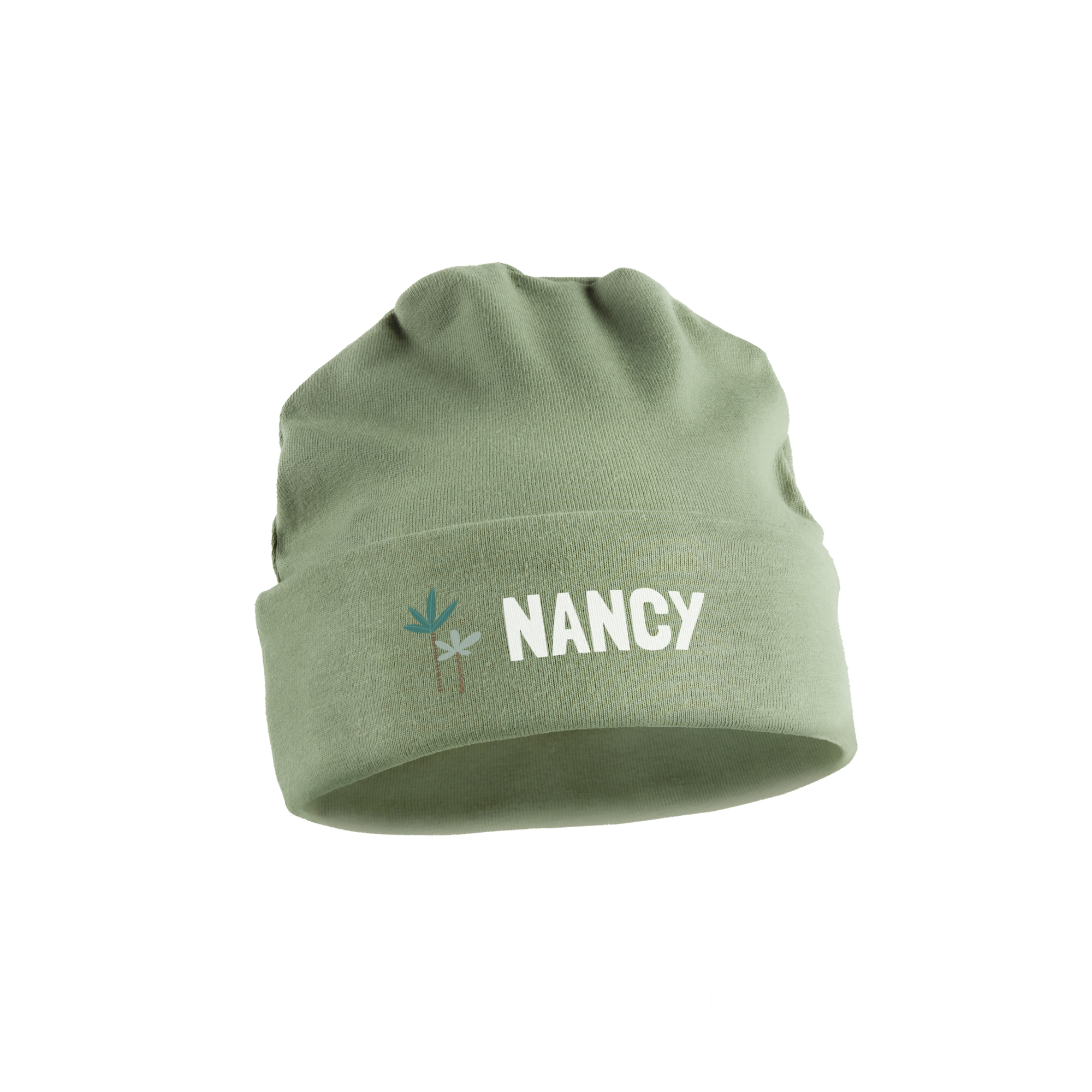 Pălărie drăguță imprimată pentru bebeluși, verde mentă, cu numele NANCY și o pictogramă cu palmieri.