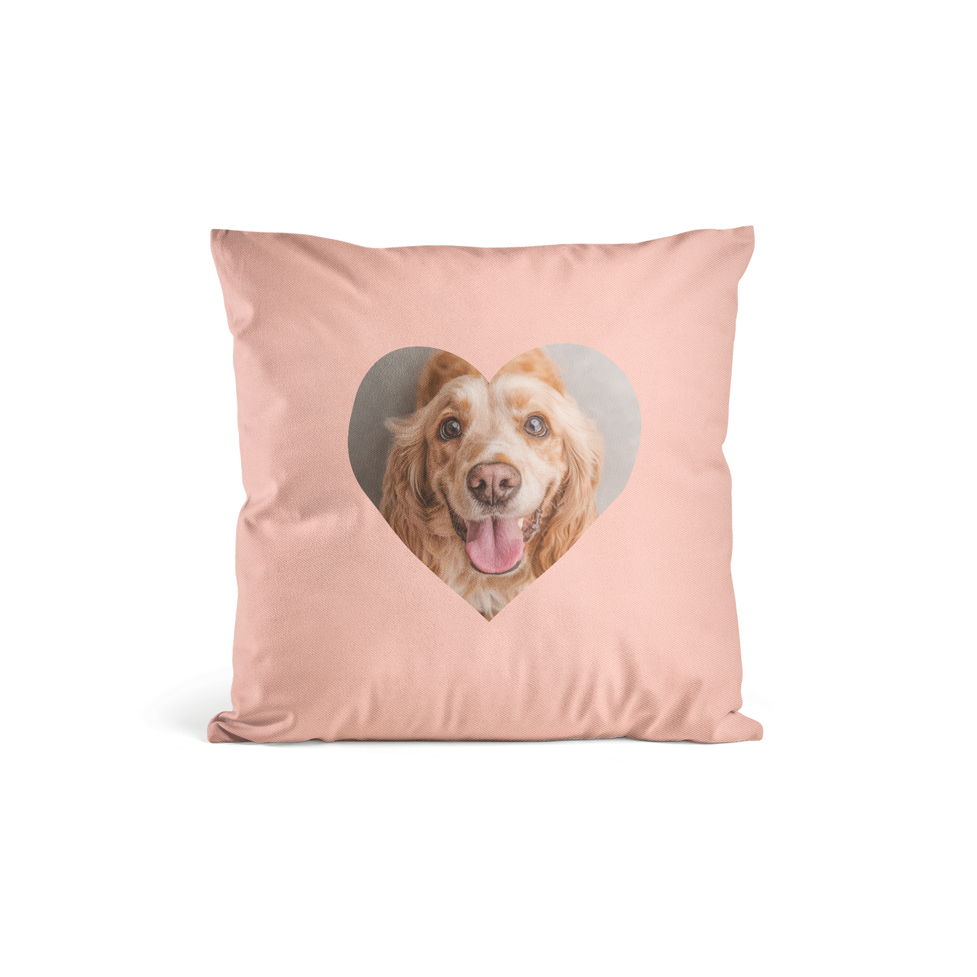 Rosa Kissenbezug, bedruckt mit einem lächelnden Hundefoto in Herzform. Überrasche deine Liebsten mit einem super weichen Kissenbezug mit Foto.