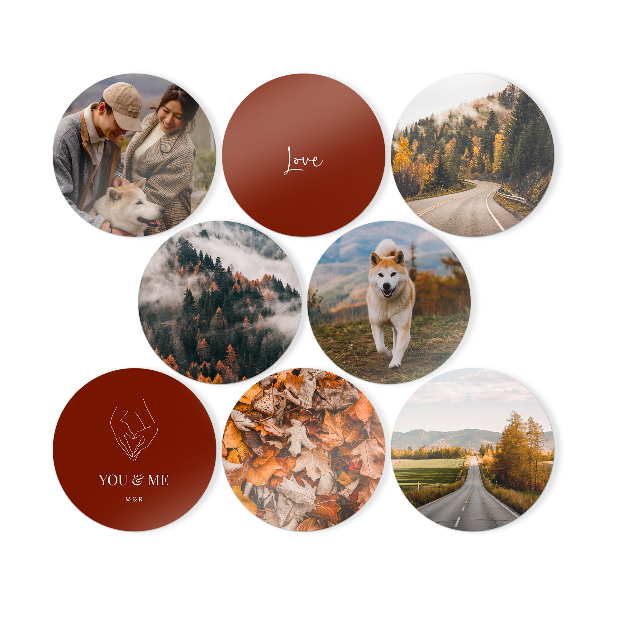 Personalisierte runde Wandbilder aus Holz mit Fotos von Paaren, Hunden und Natur, sowie "Love" und "You & Me" Texten als individuelle Wanddekoration.