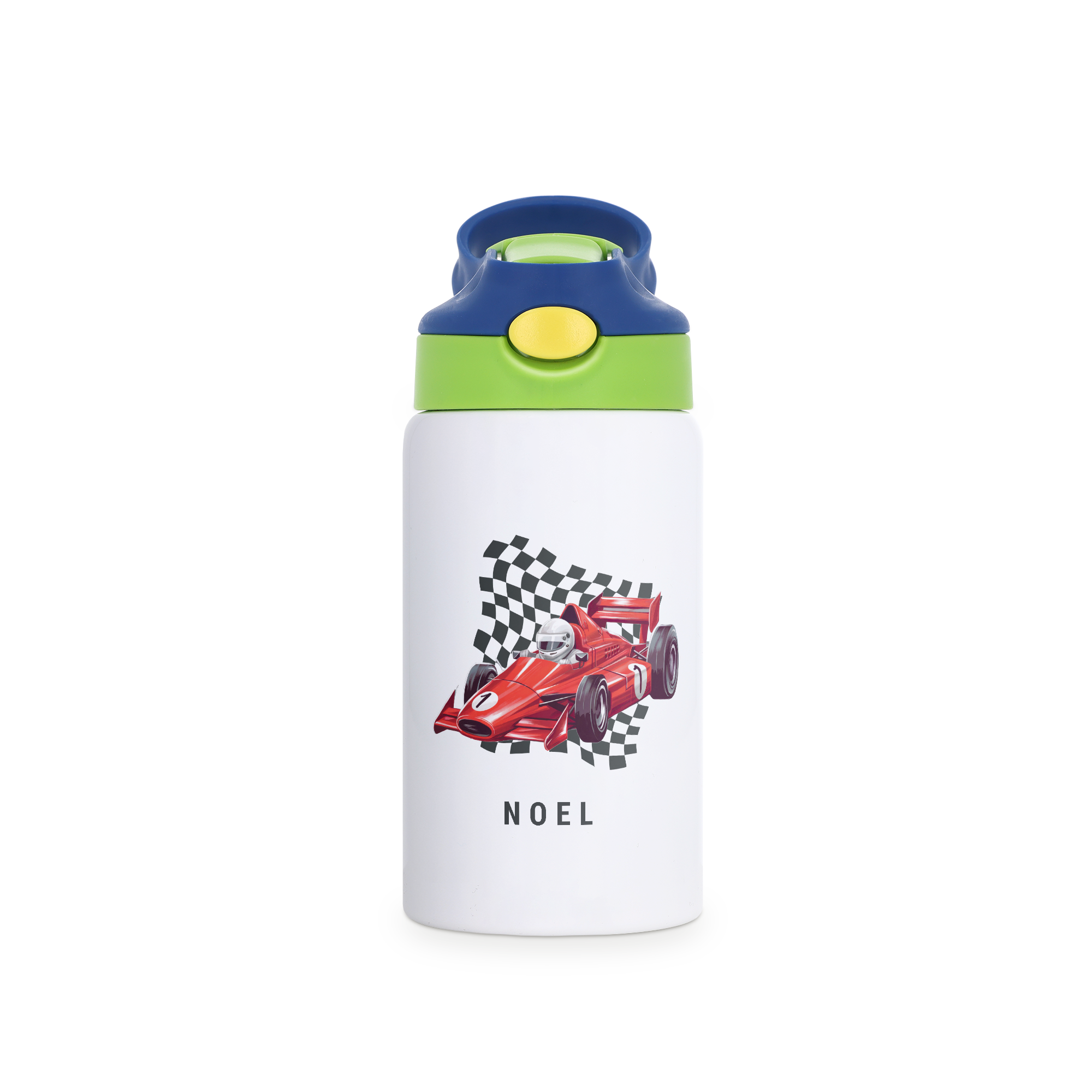 Personalisierte Wasserflasche mit grün-dunkelblauem Deckel, bedruckt mit Rennwagen, Zielflagge und Namen Noel